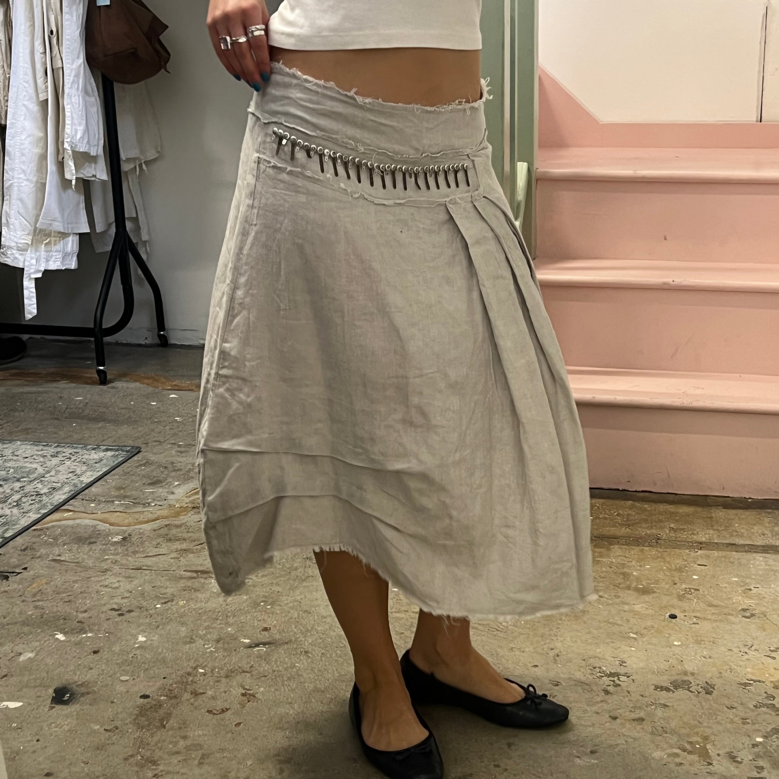 Grey linen asymmetrical beaded maxi skirt