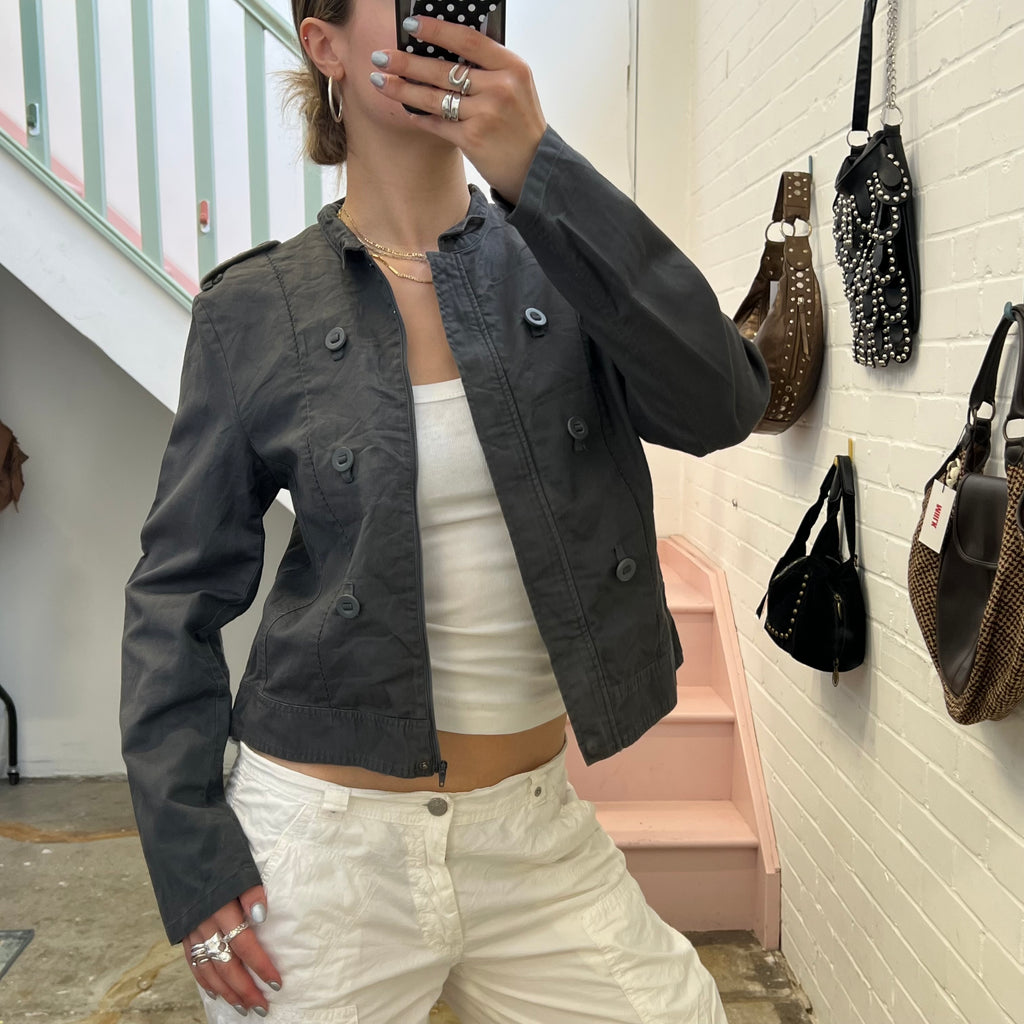 Grey zip up utility style tailored jacket with buttons
