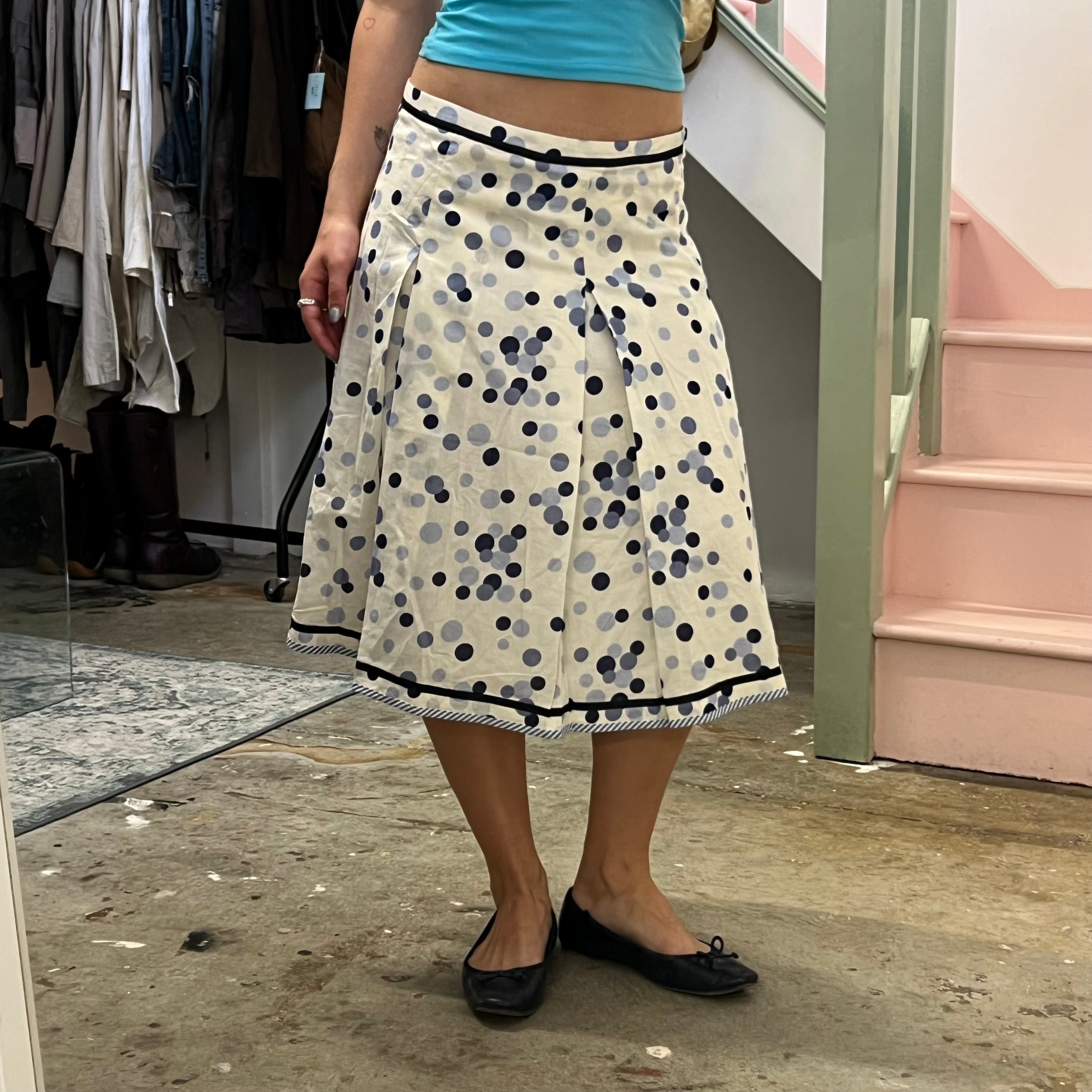 White and blue polka dot pleated midi skirt
