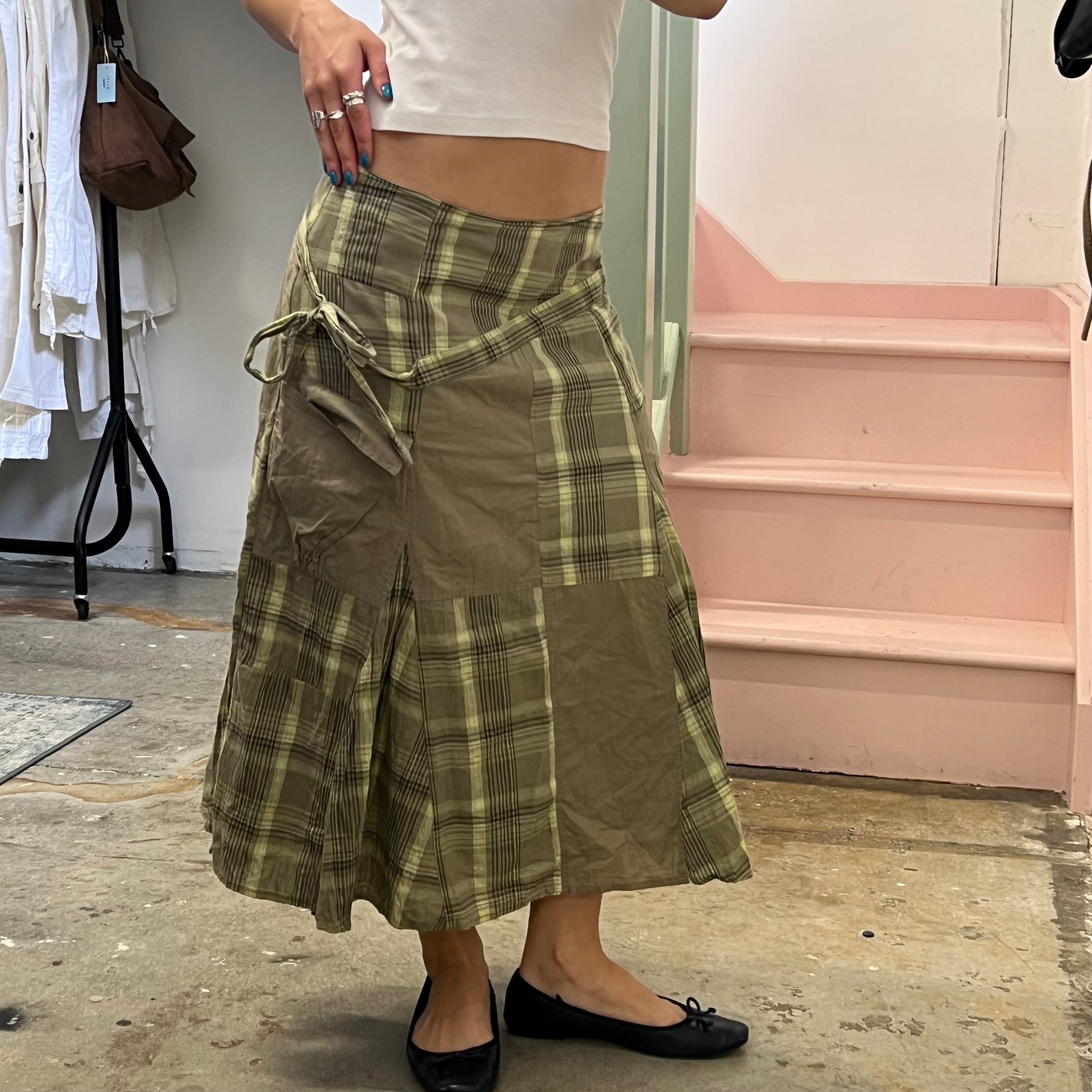 Green and khaki checkered patchwork maxi skirt