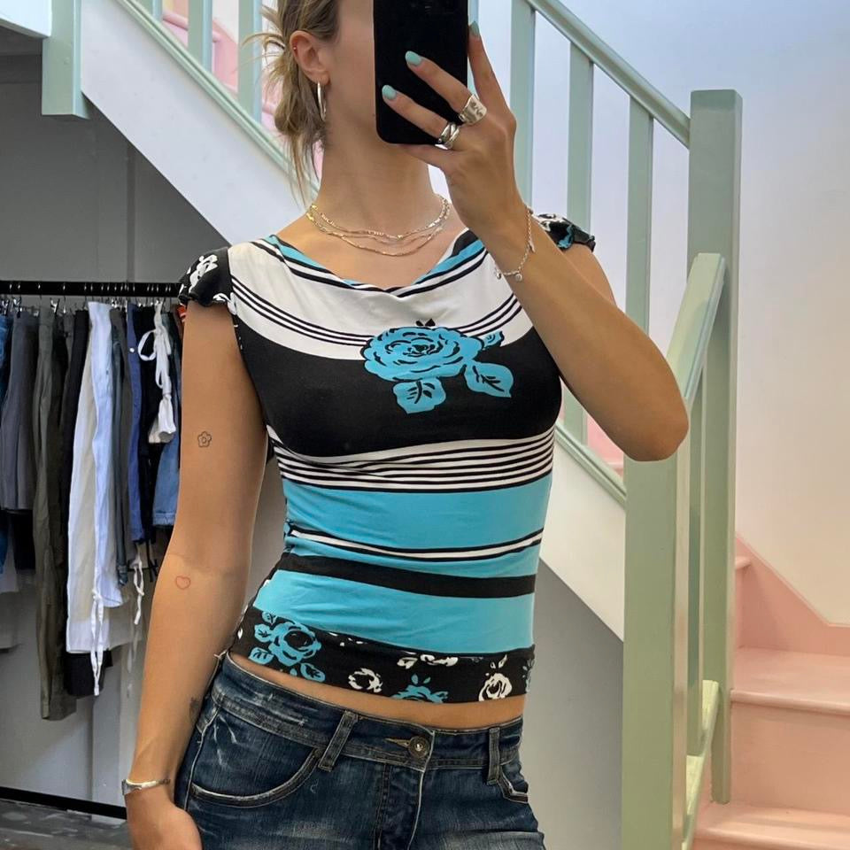 Blue floral printed boat neck top