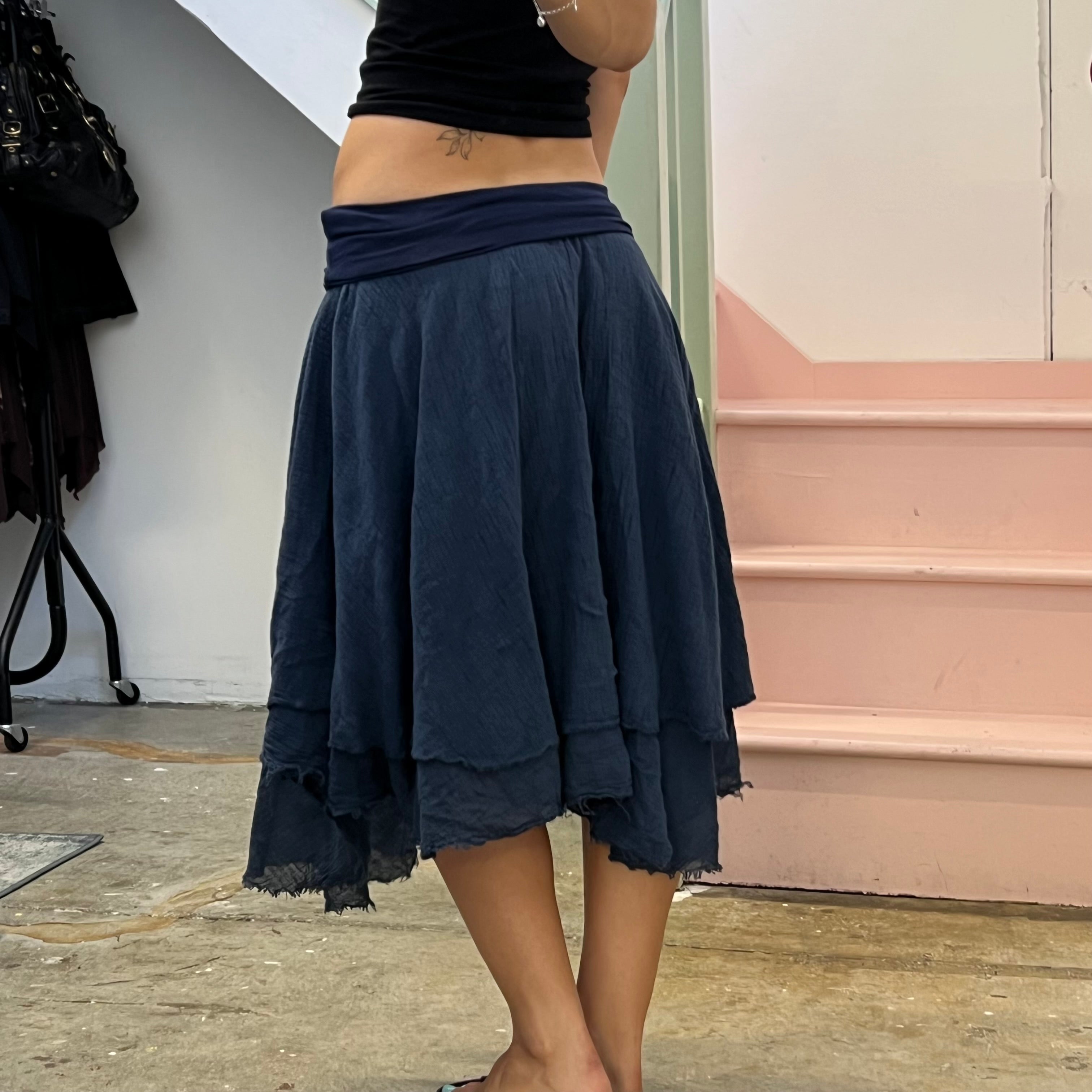 Navy layered asymmetrical fold waist midi skirt