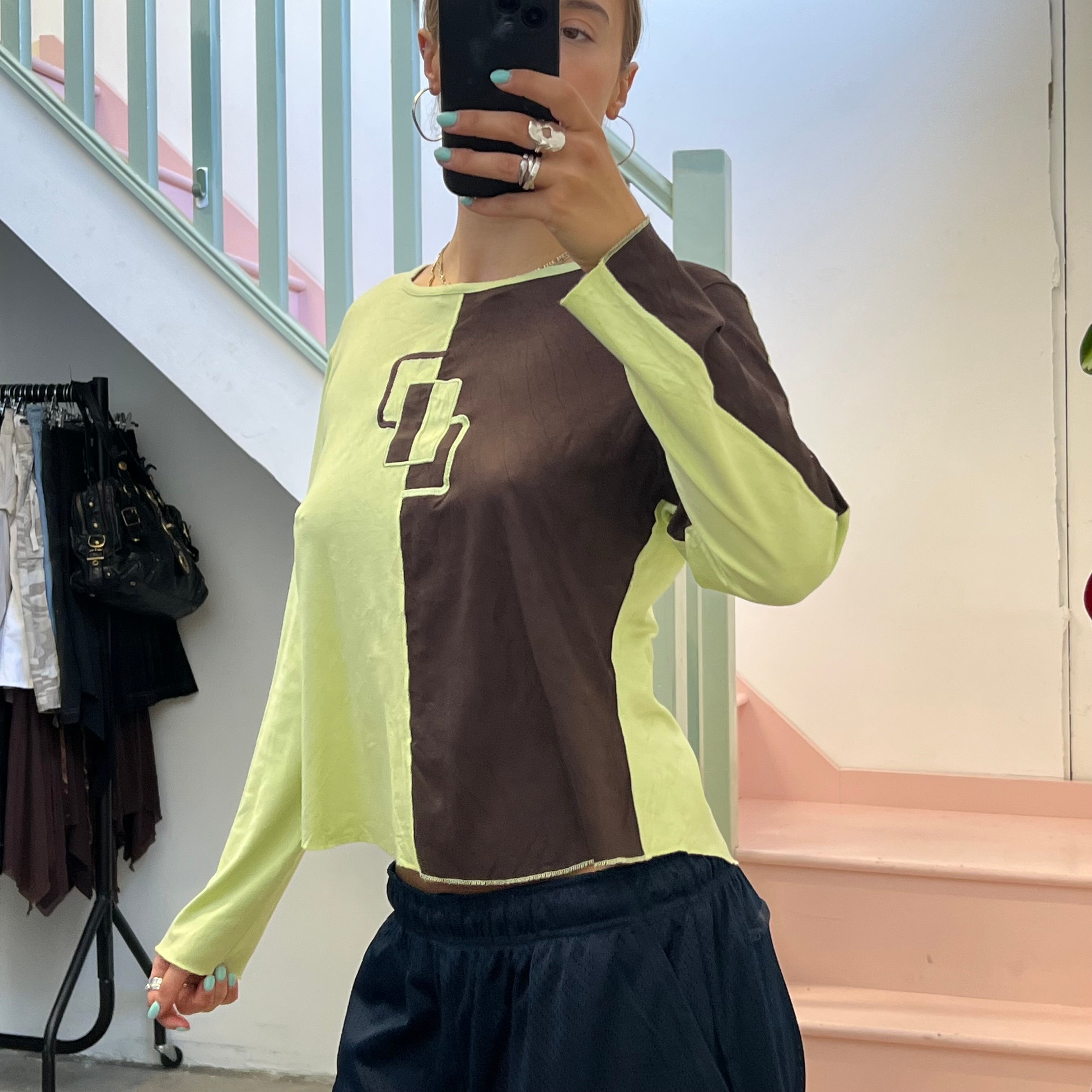 Affinities green and brown printed long sleeve top