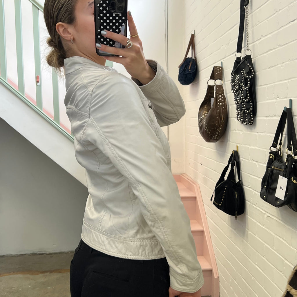 White zip up leather biker jacket