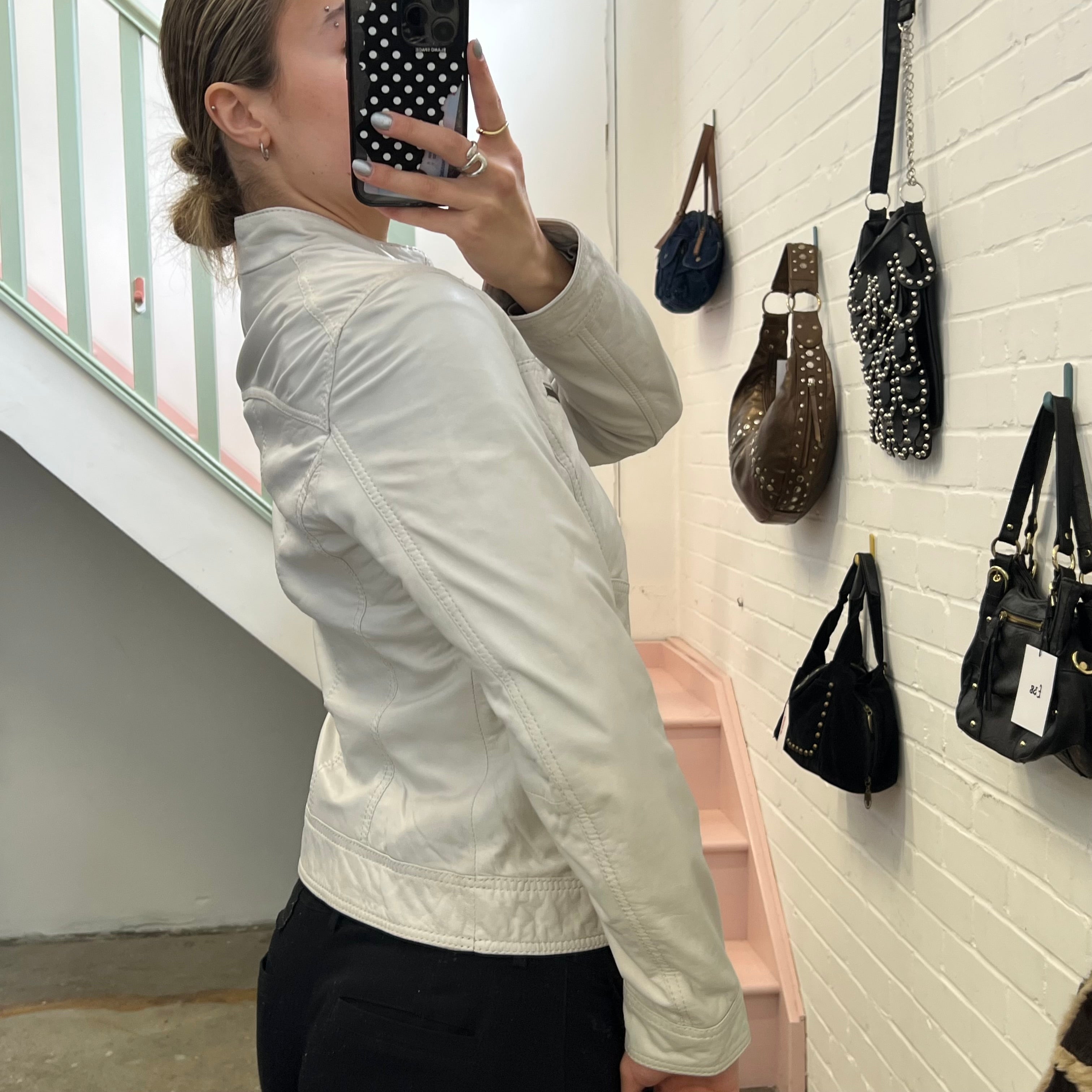 White zip up leather biker jacket