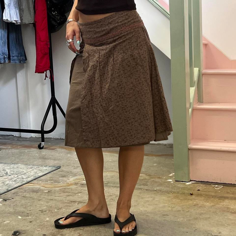 Brown ditsy floral midi skirt