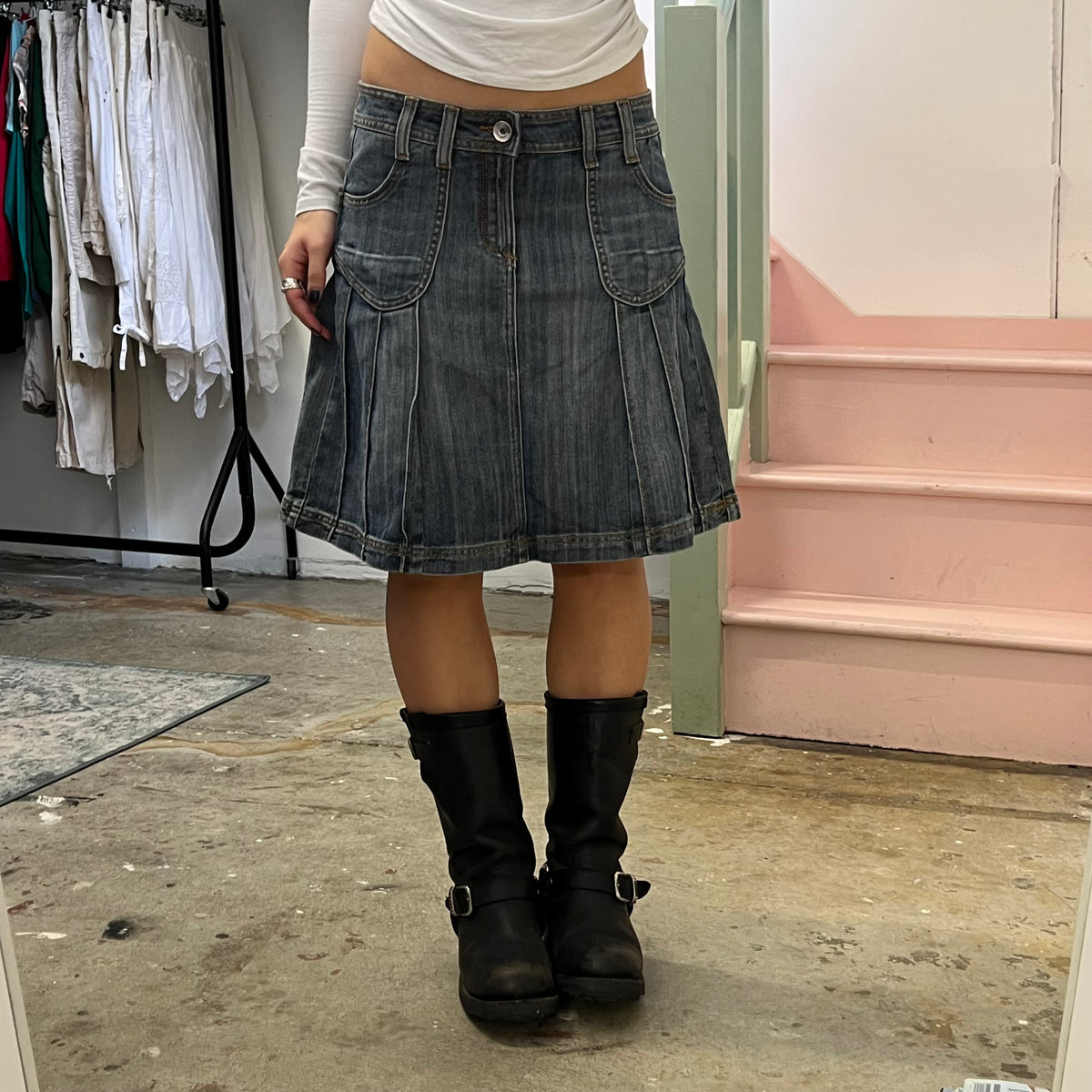 Denim pleated midi skirt