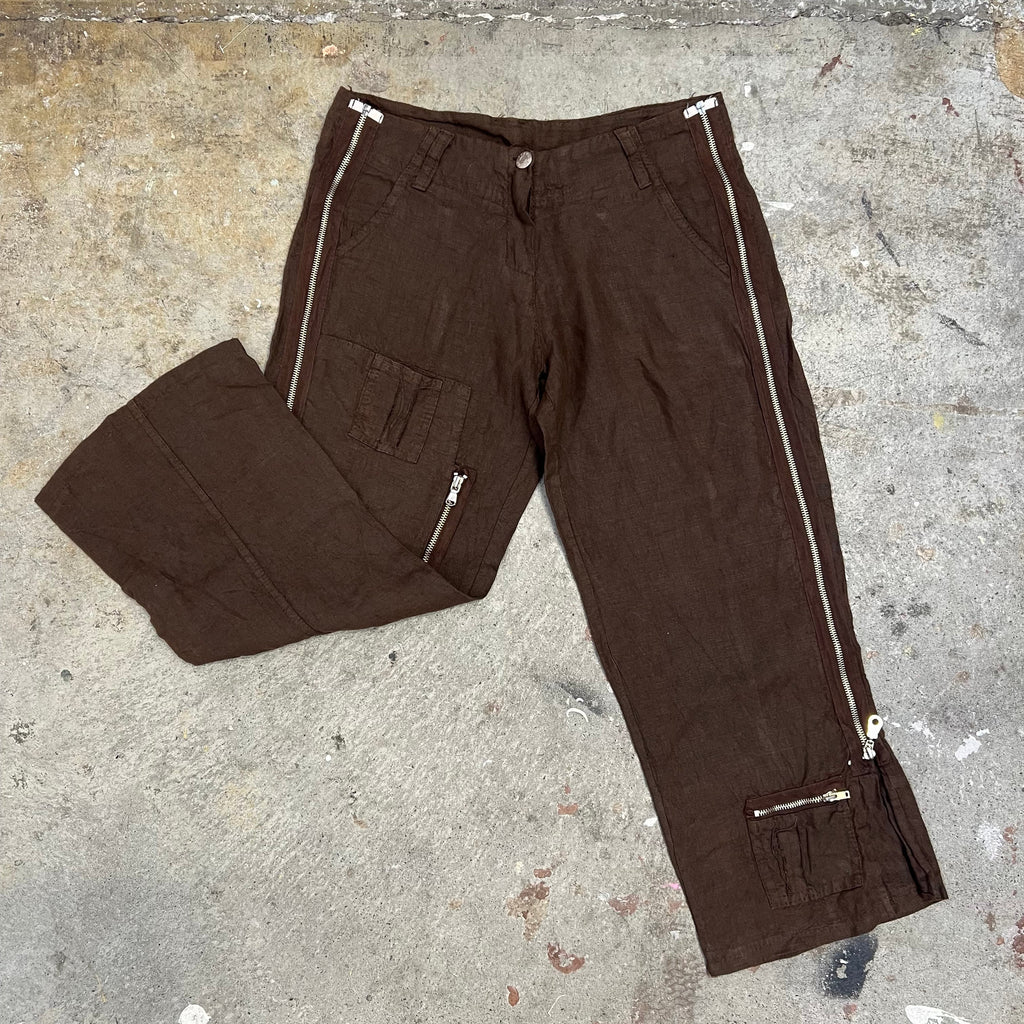 Brown linen capris with zip detail