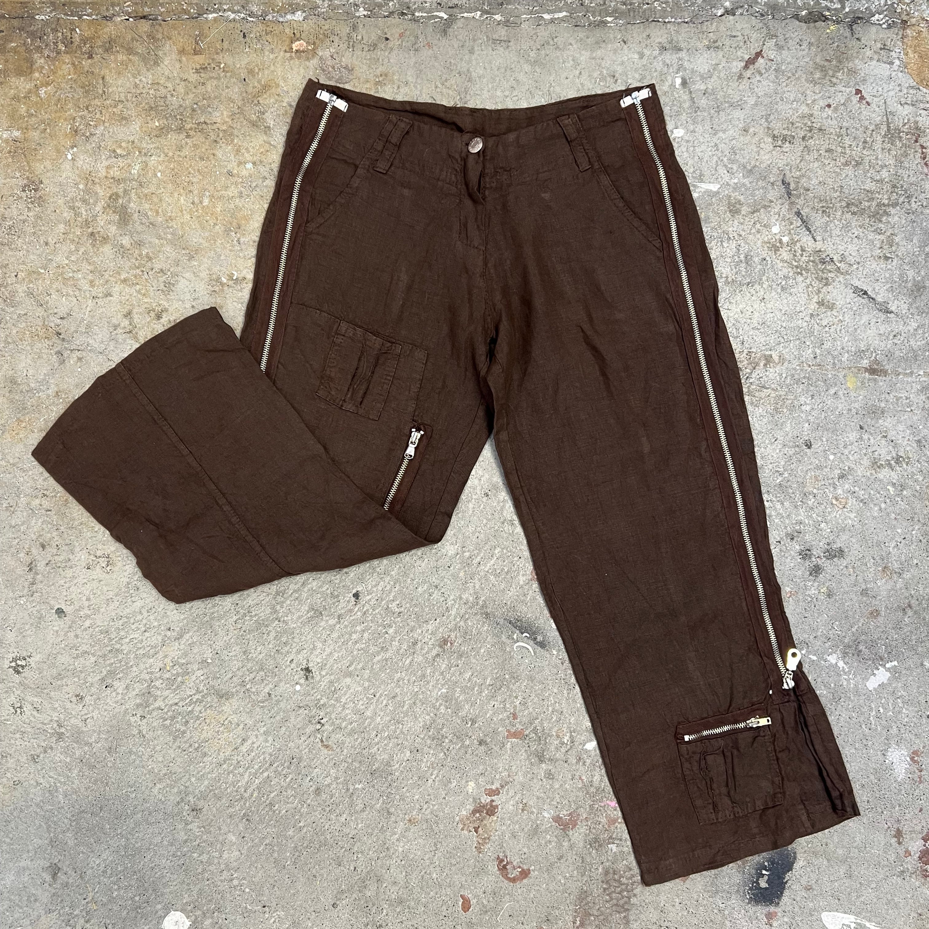 Brown linen capris with zip detail