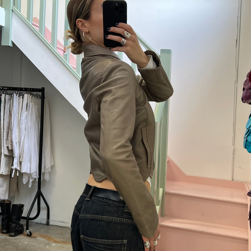 Brown scallop hem leather zip up jacket