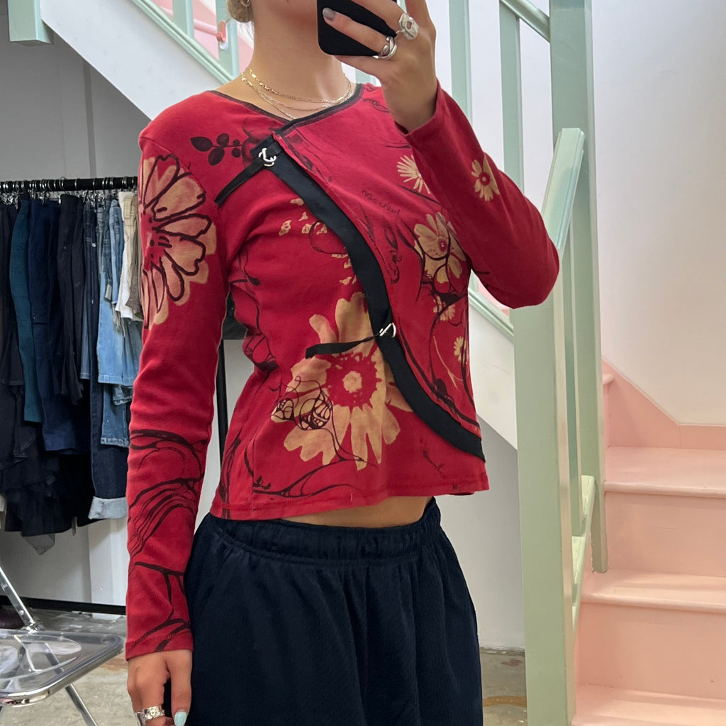 Red blurred floral long sleeve top