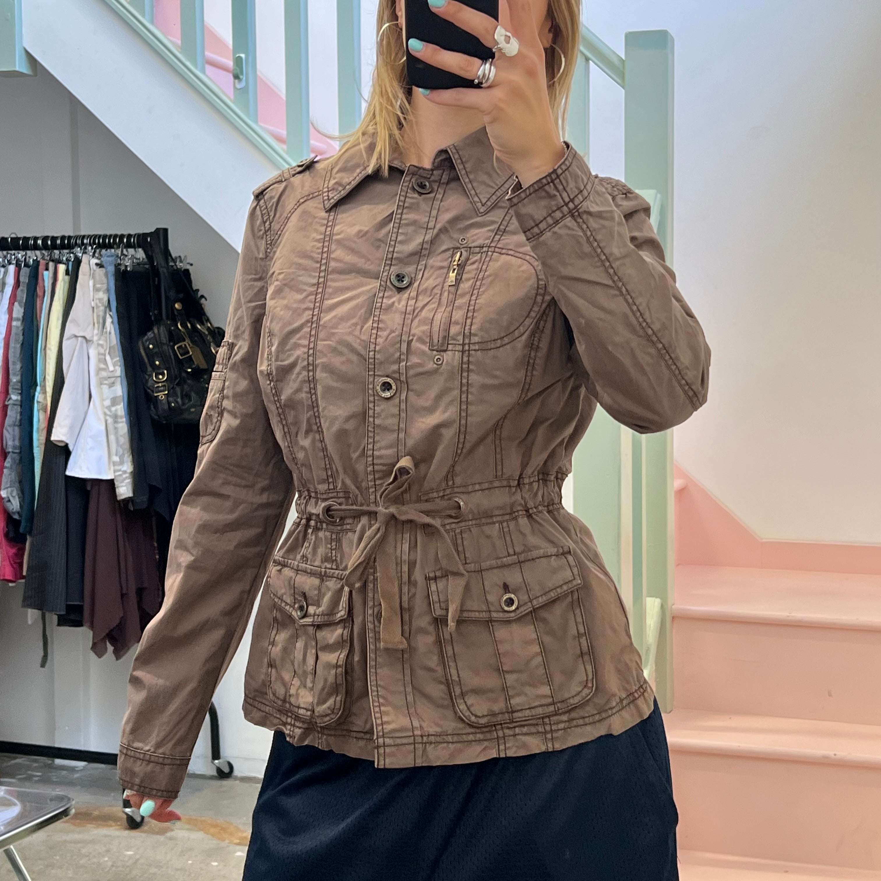 Brown utility style button up lightweight jacket