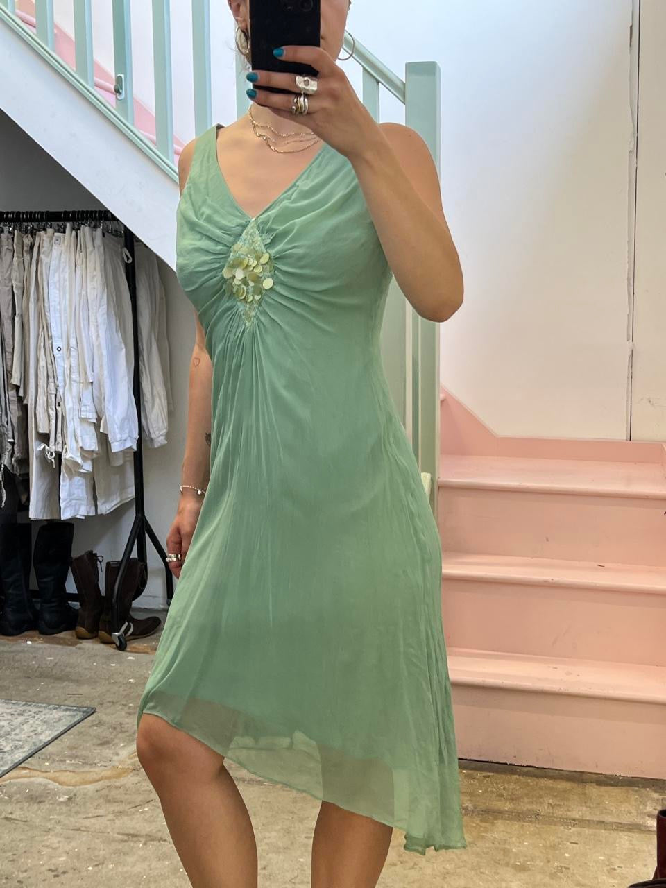 Teal silk sequin midi dress