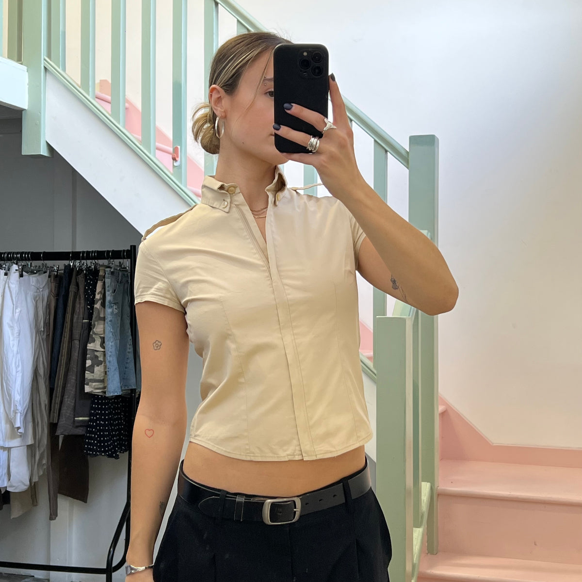 Cream zip up fitted shirt