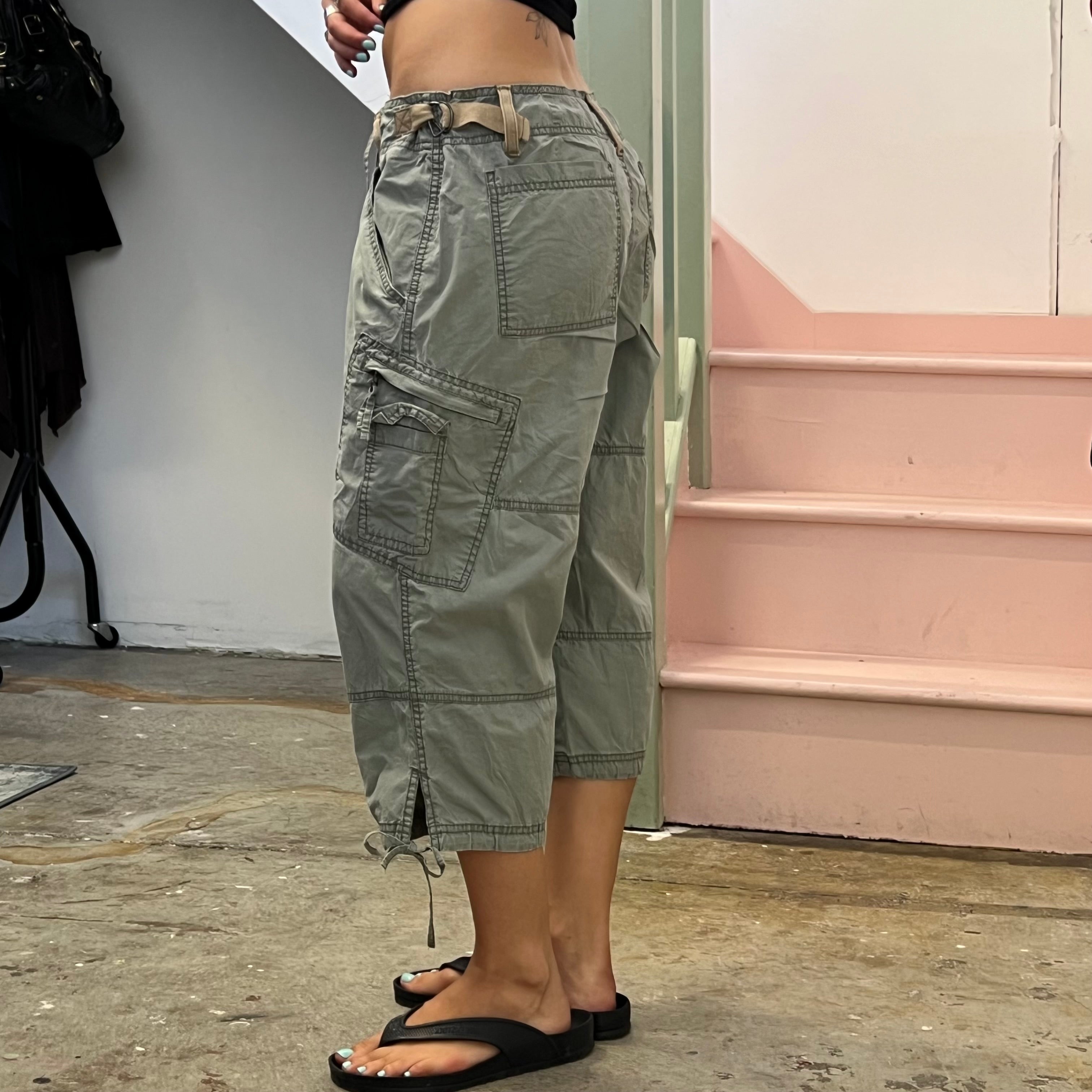 Khaki tie waist cargo capris