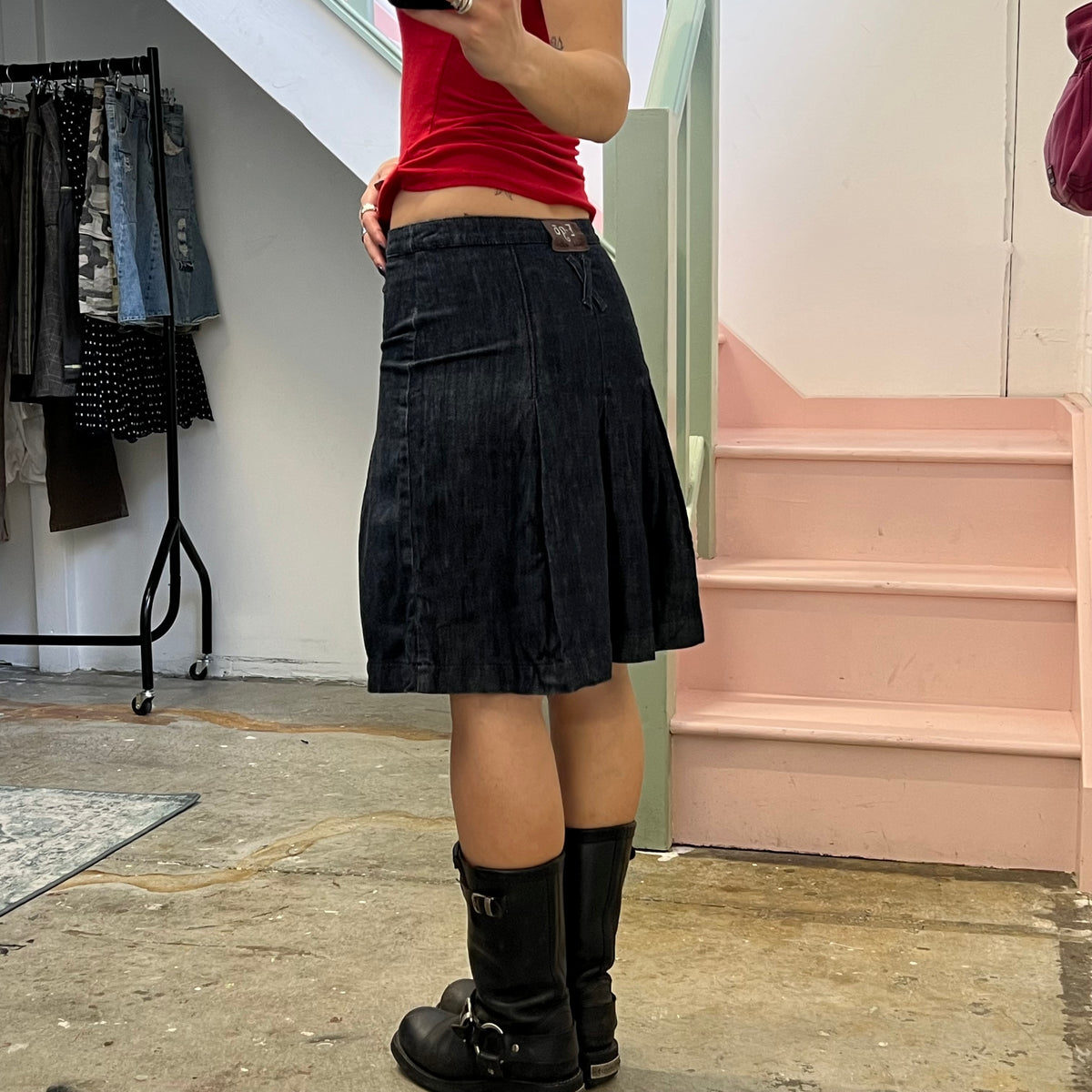 Navy denim midi skirt