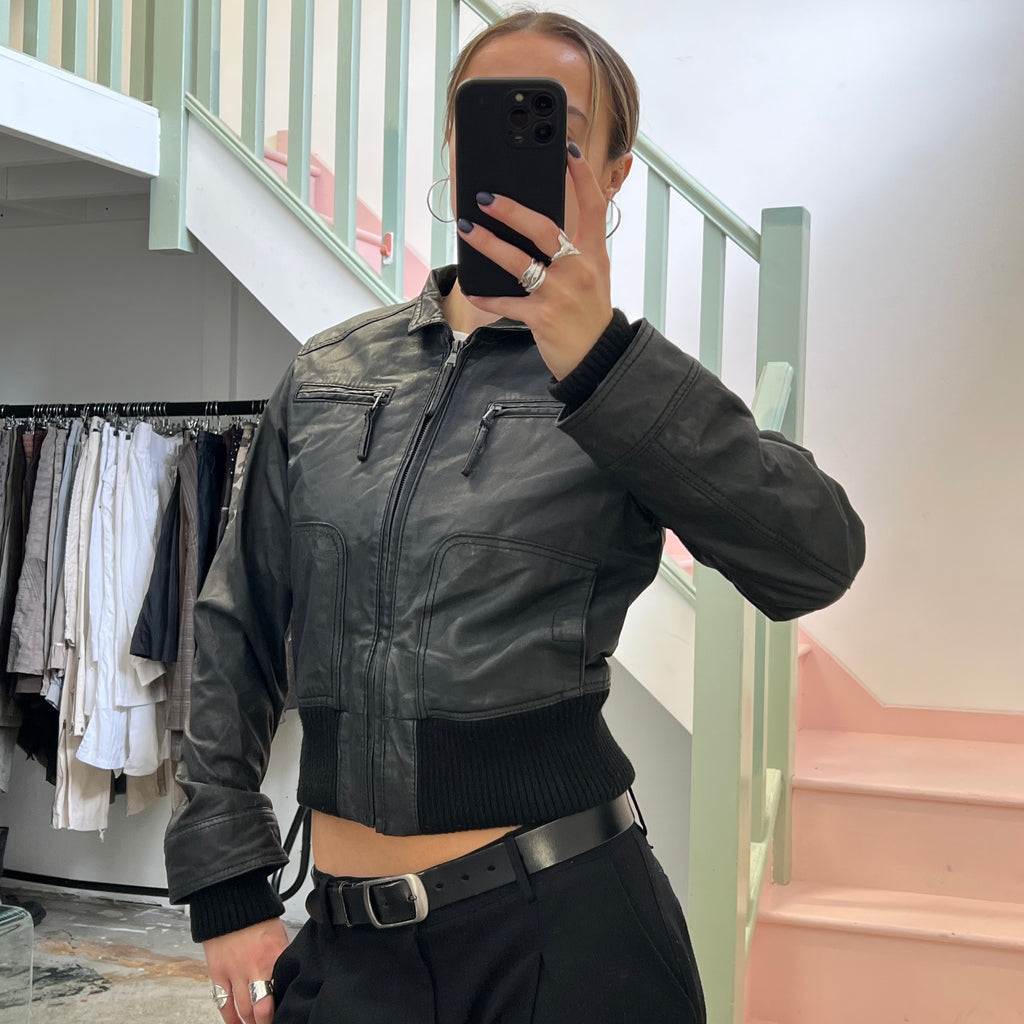 Black leather bomber jacket
