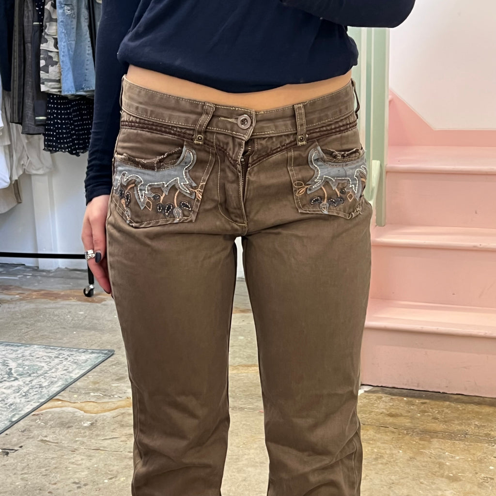 Brown embroidered tailored trousers