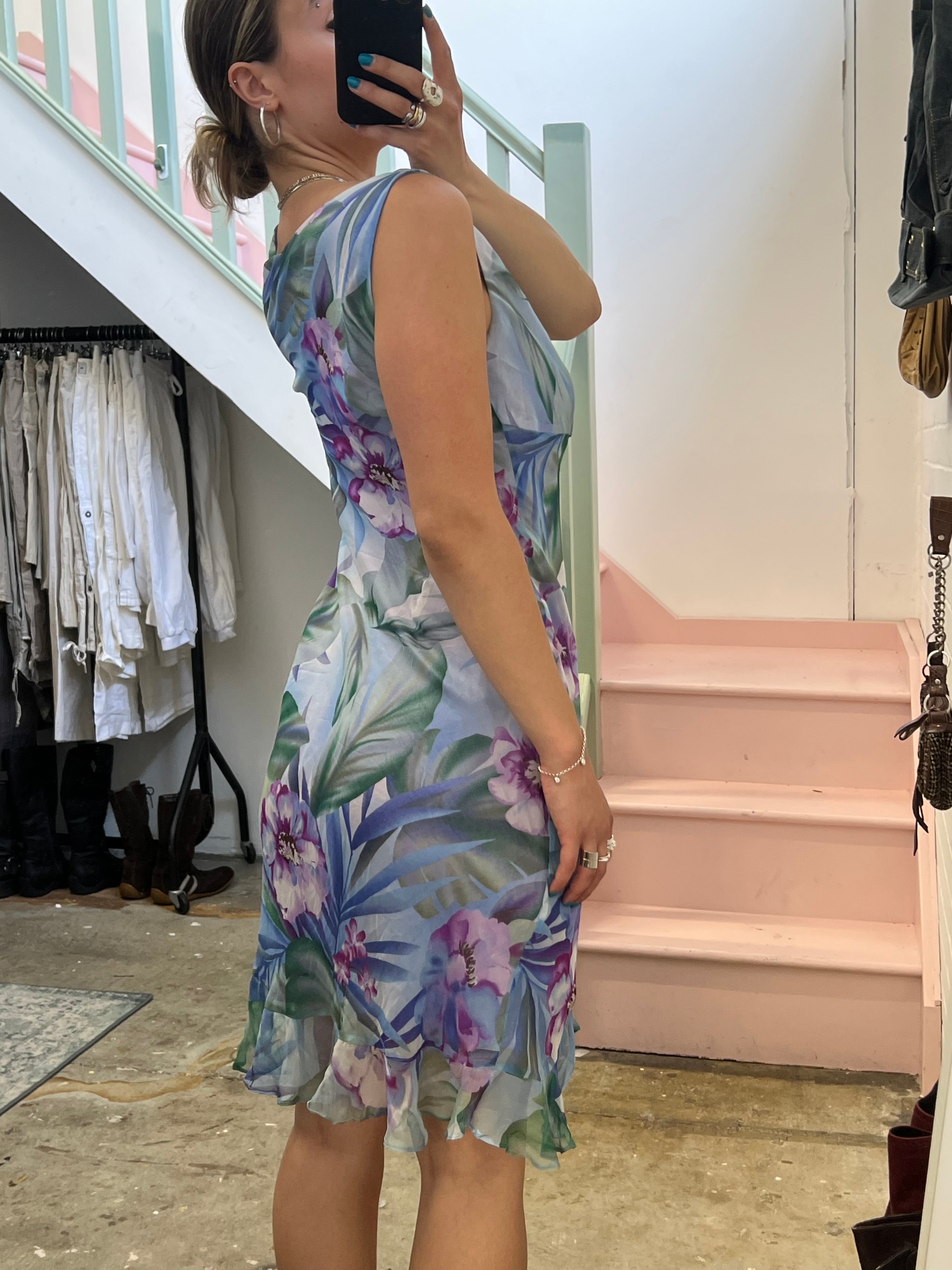Lilac floral silk cowl neck midi dress