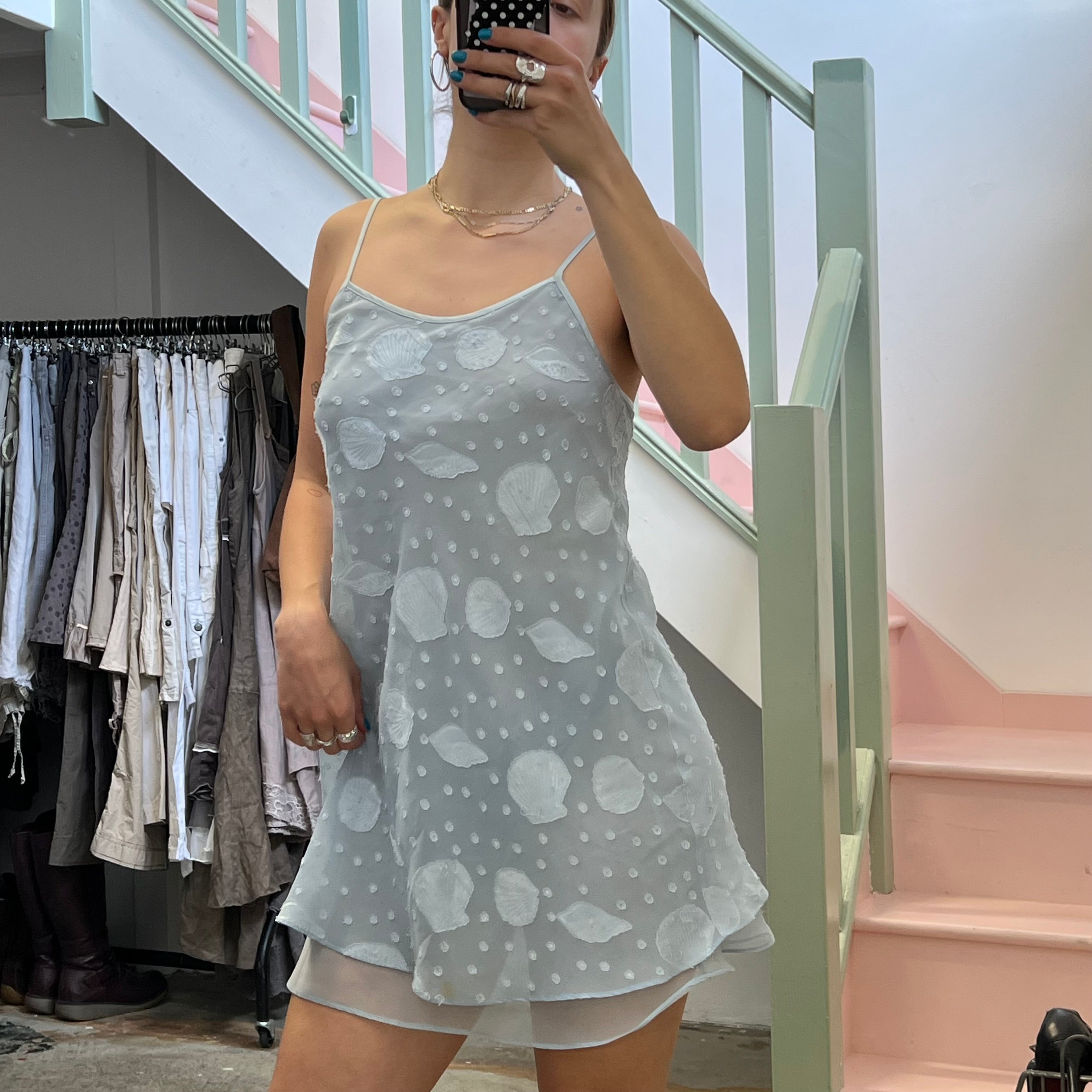 Blue layered seashell mini slip dress