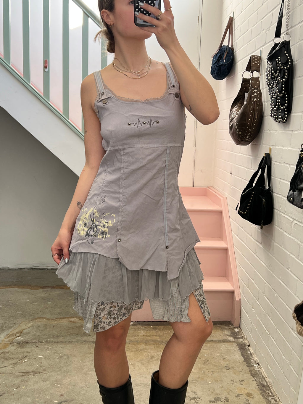 Grey layered utility style mini dress
