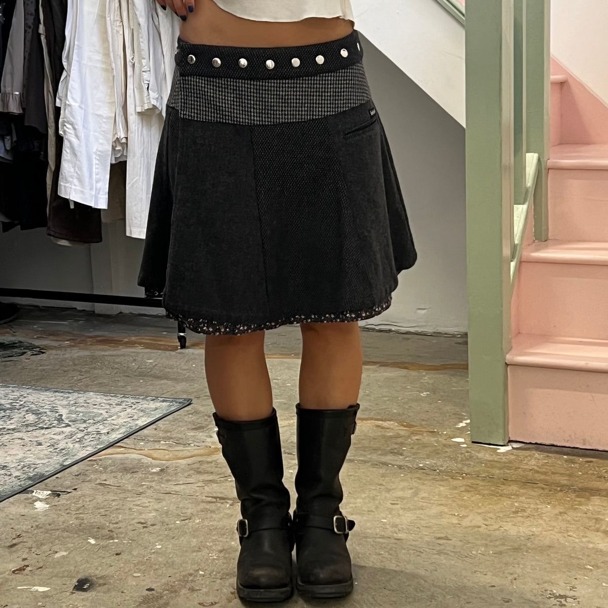 Moshiki grey wrap around reversible midi skirt