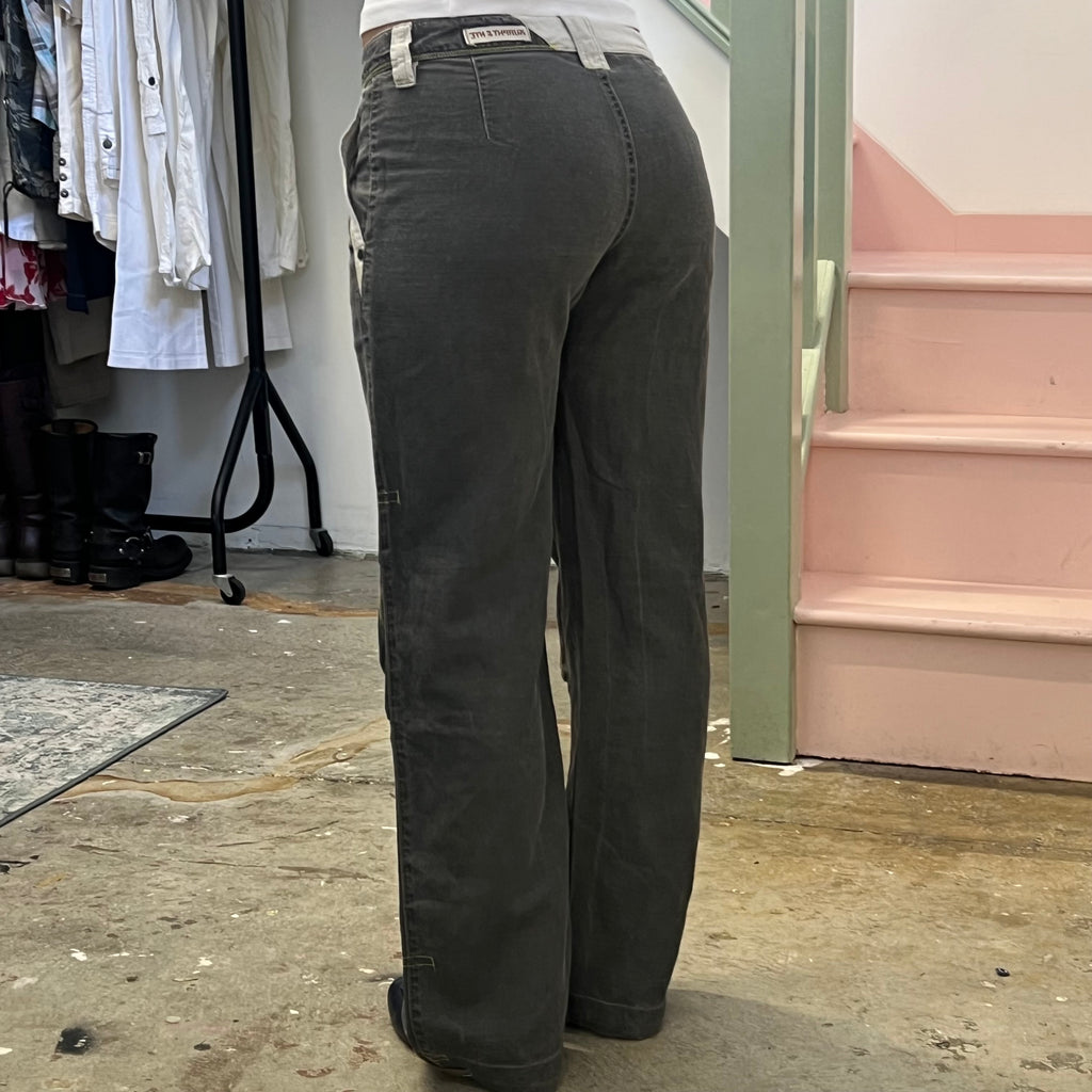Grey low rise wide leg linen trousers with contrast stitching
