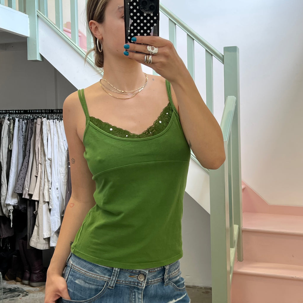 Green lace trim cami
