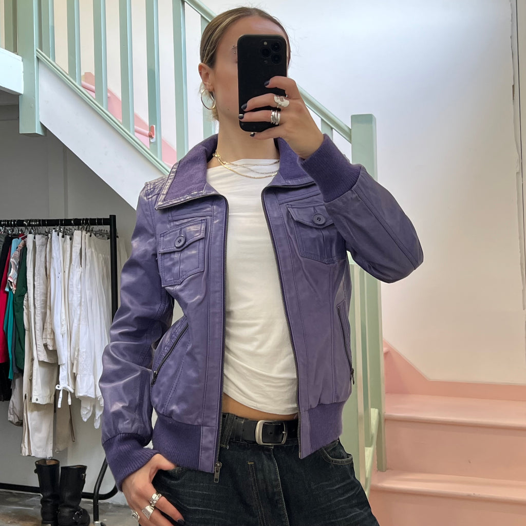 ONLY purple leather bomber jacket