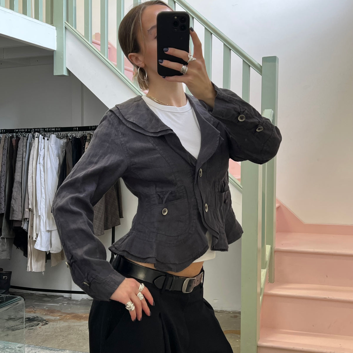 Grey linen ruffle blazer