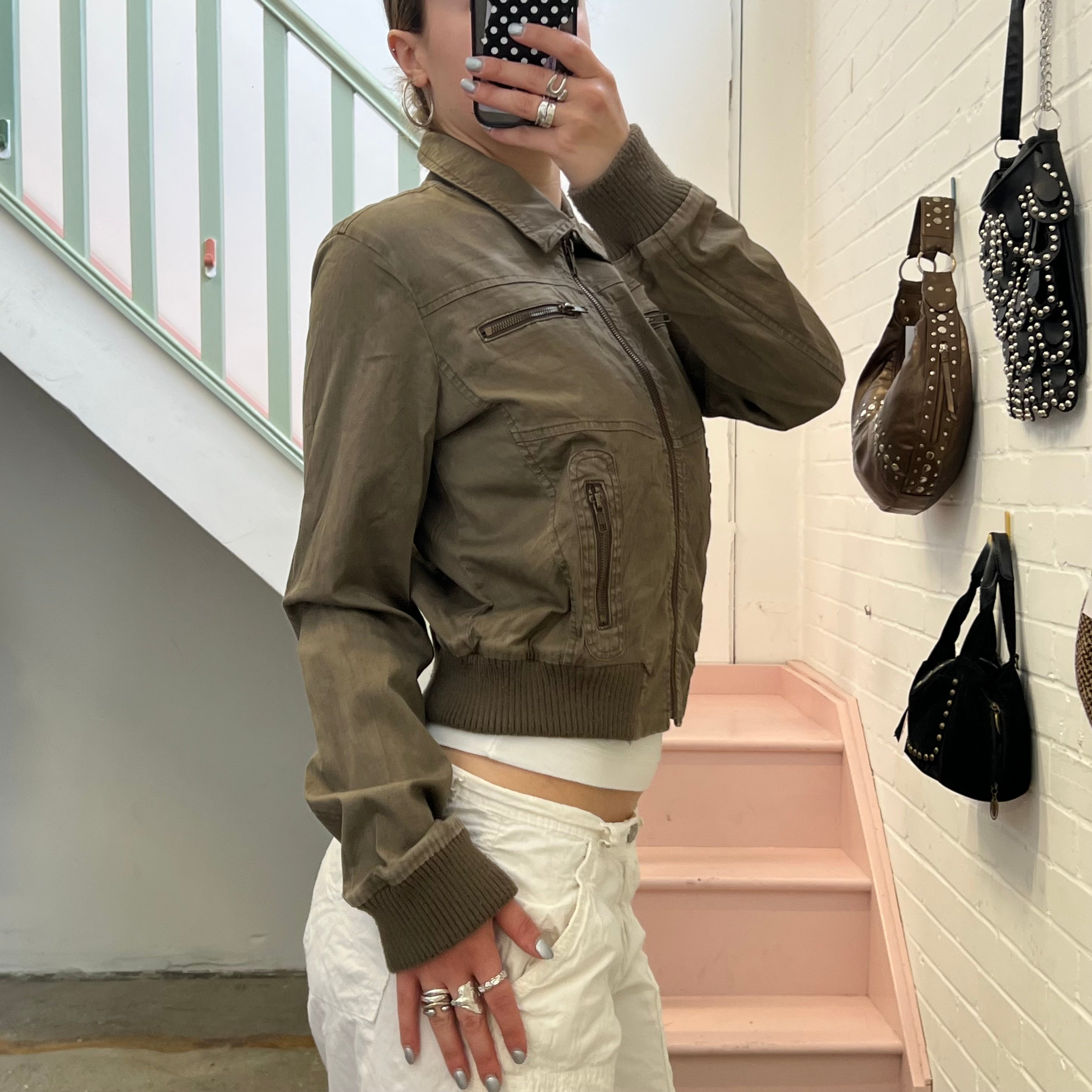 Khaki zip up fitted bomber jacket