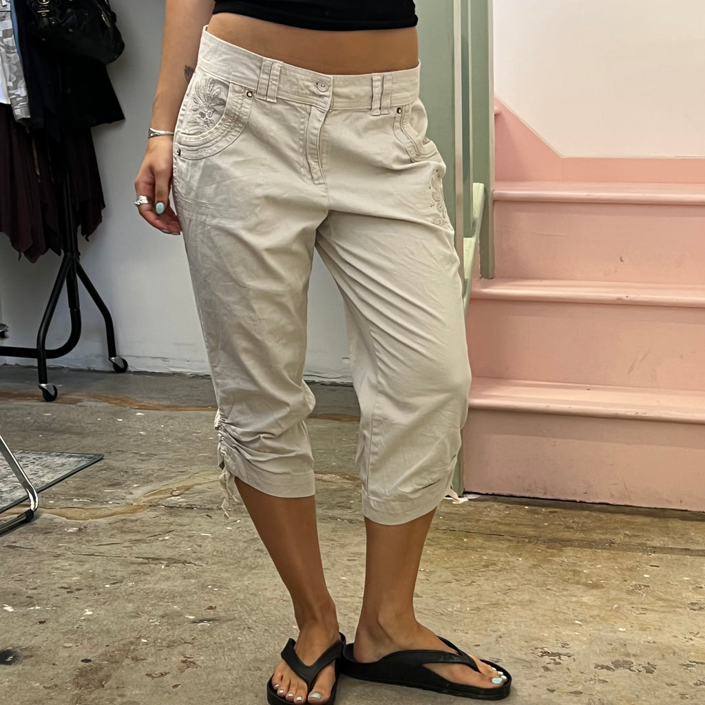 Cream embroidered ruched cargo capris