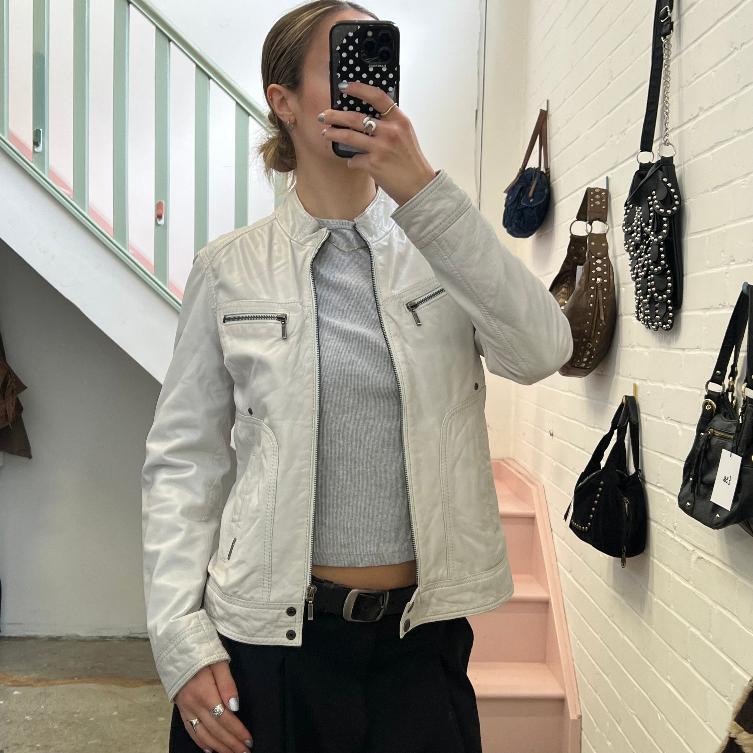 White zip up leather biker jacket