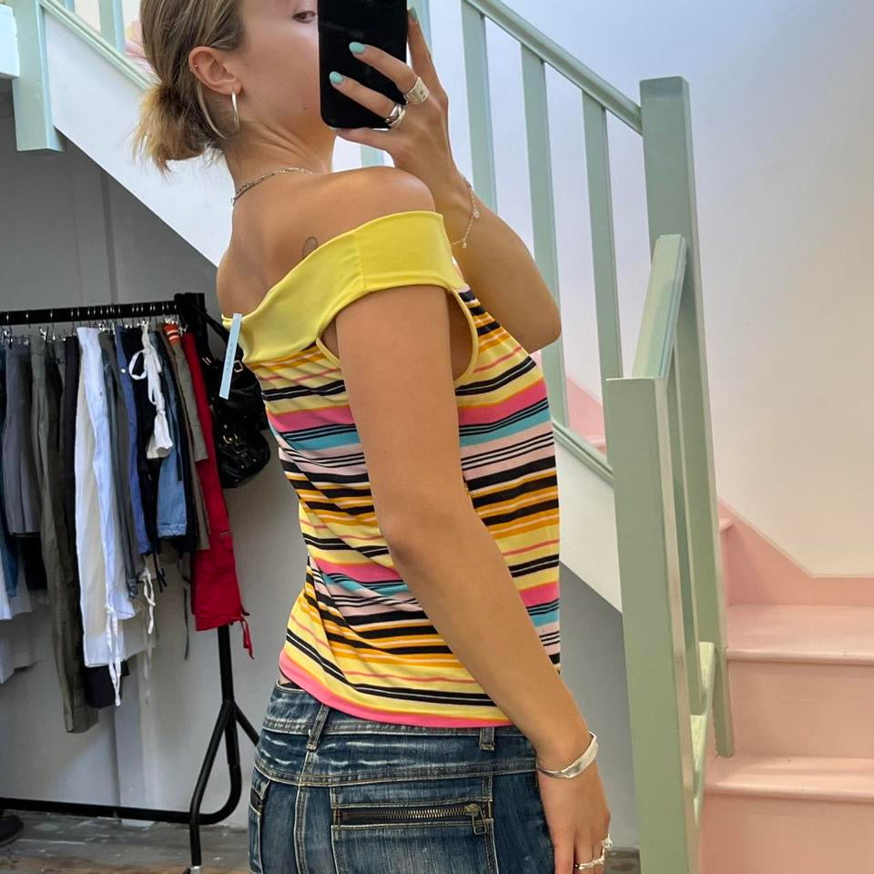 Yellow striped off shoulder top