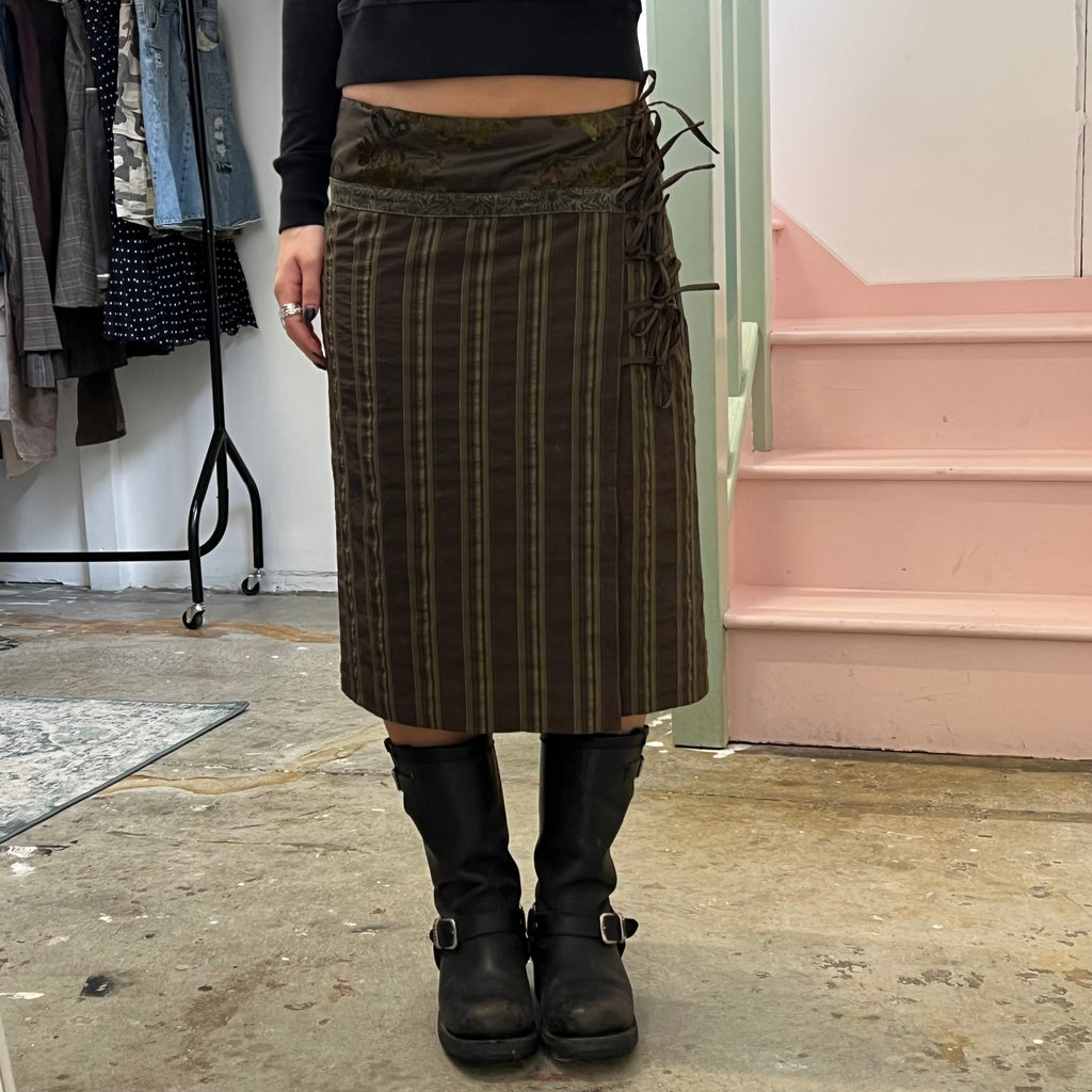 Khaki green stripe wrap around skirt