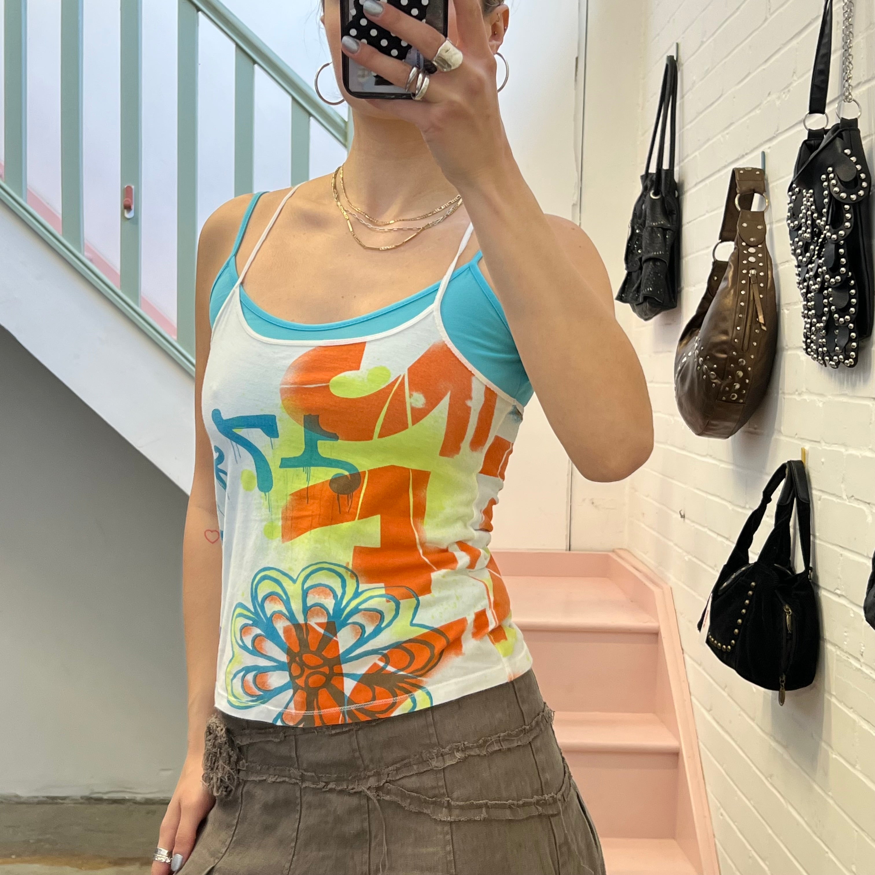 Graphic print layered vintage vest