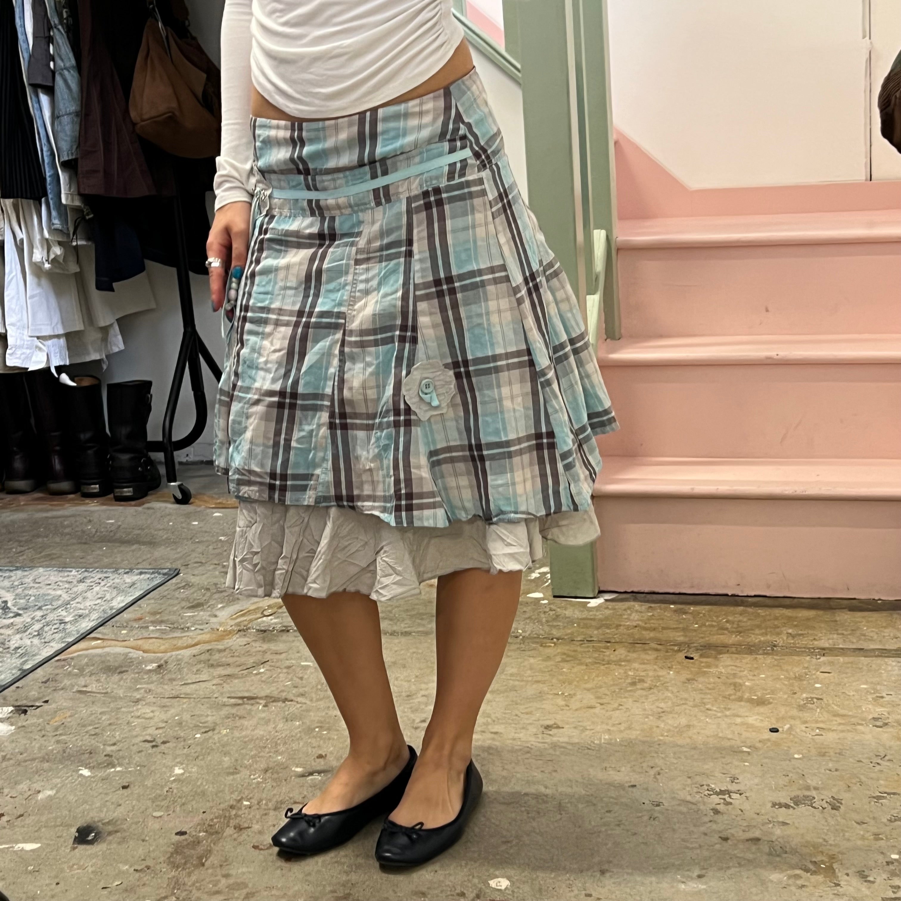 Cache blue and brown checkered layered midi skirt