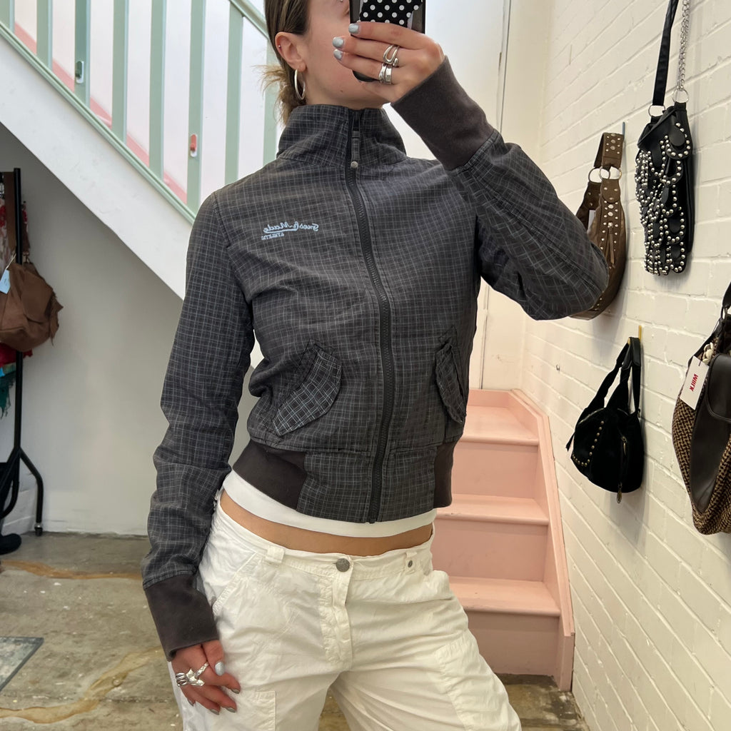 Grey checkered gingham lightweight vintage bomber jacket
