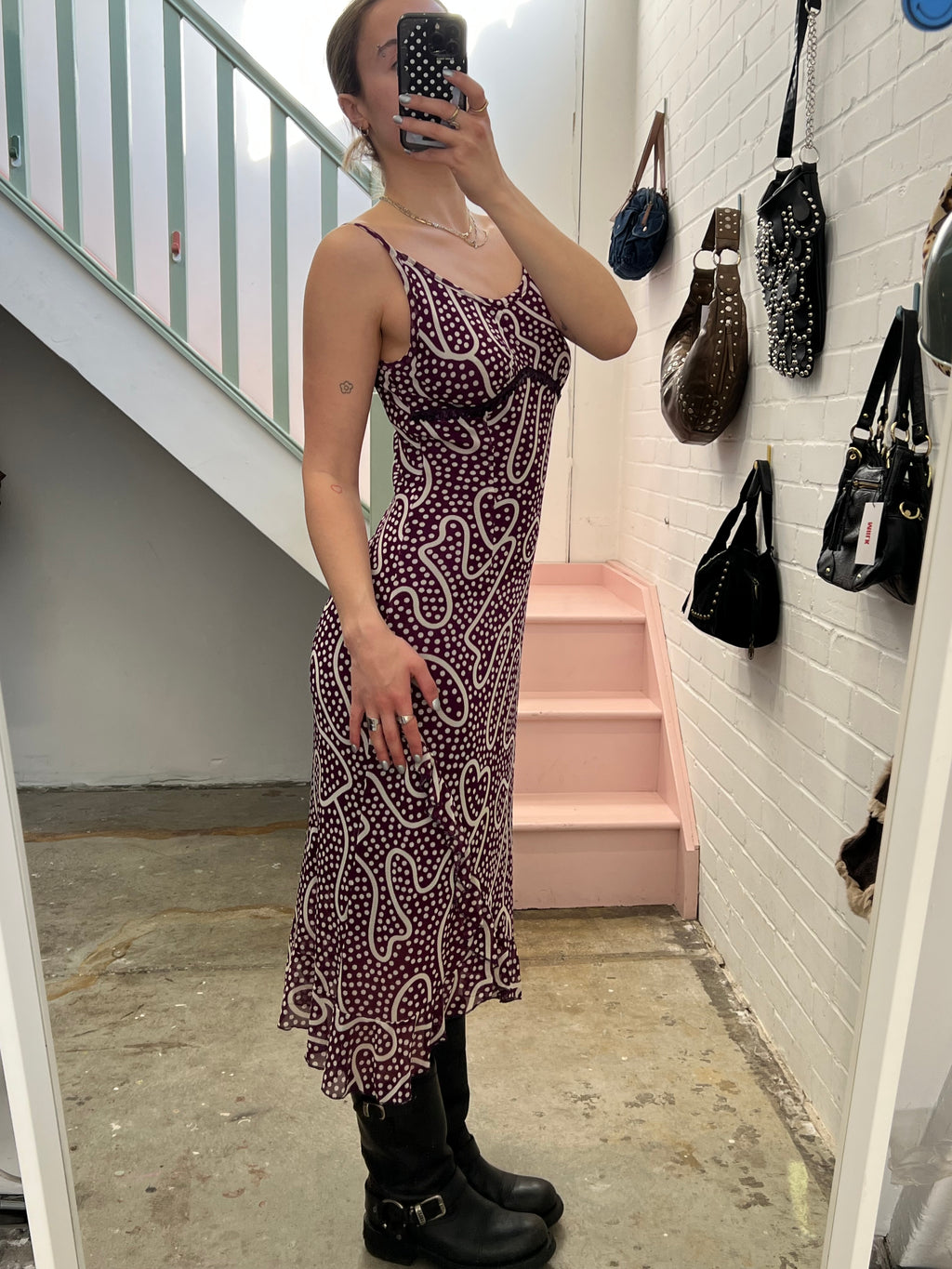 Purple and white polka dot strappy asymmetrical maxi dress