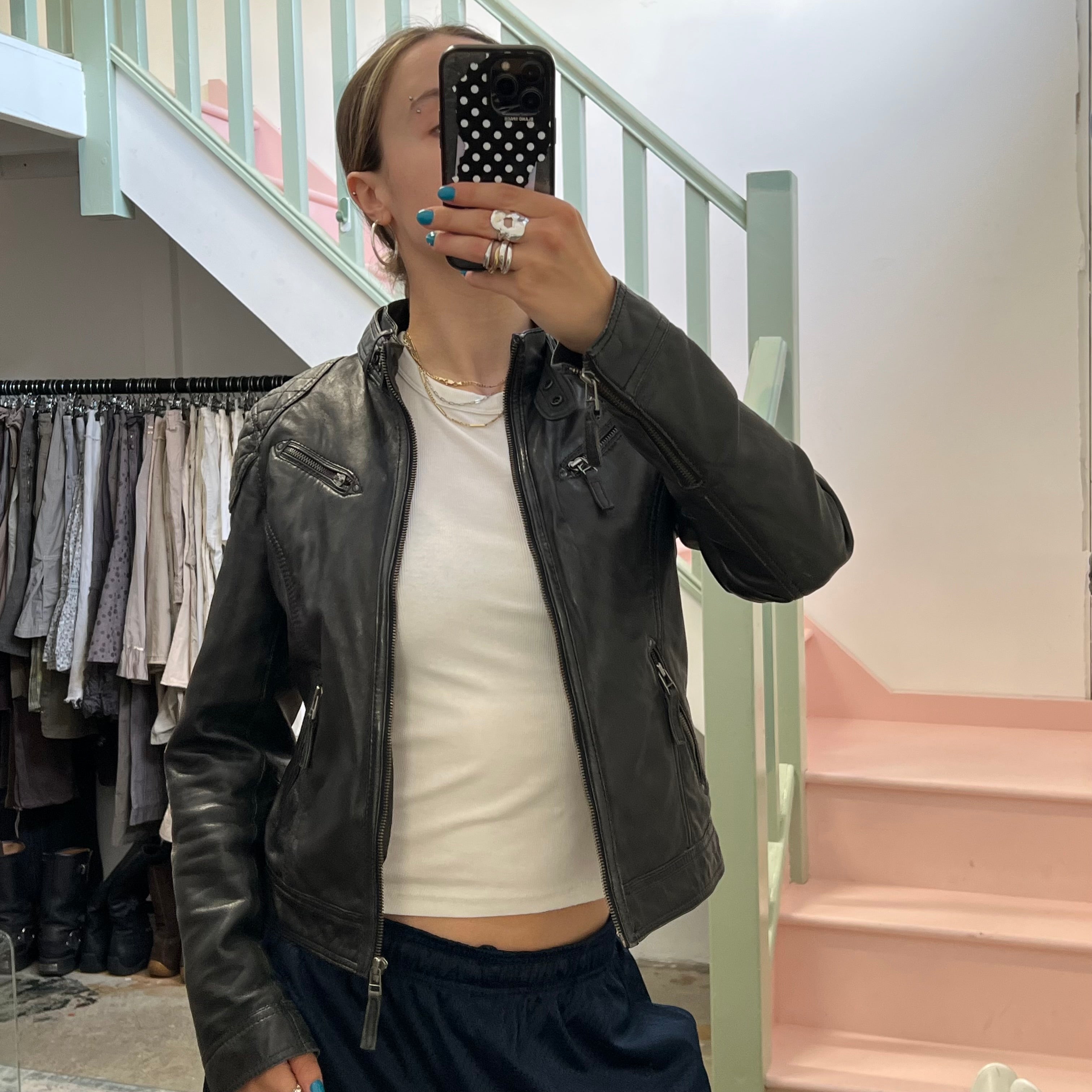 Black leather fitted biker jacket