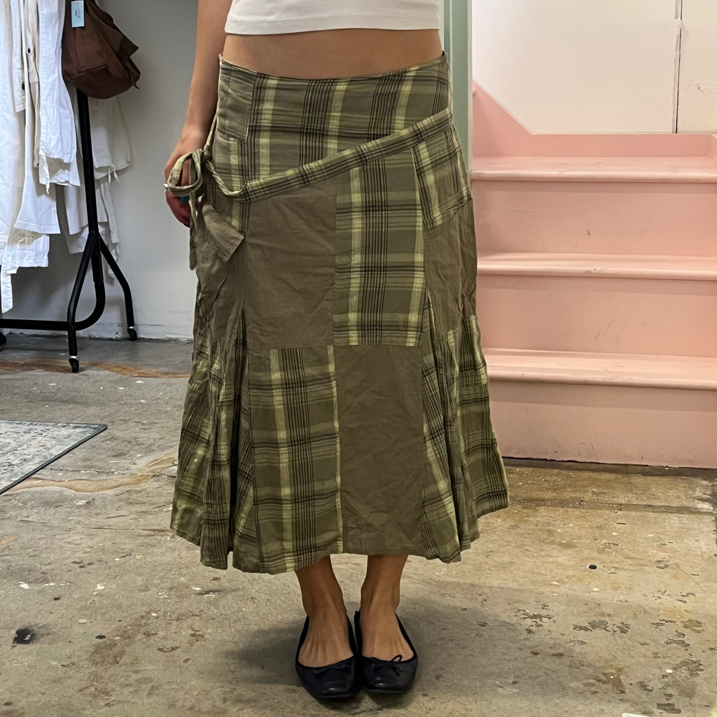 Green and khaki checkered patchwork maxi skirt