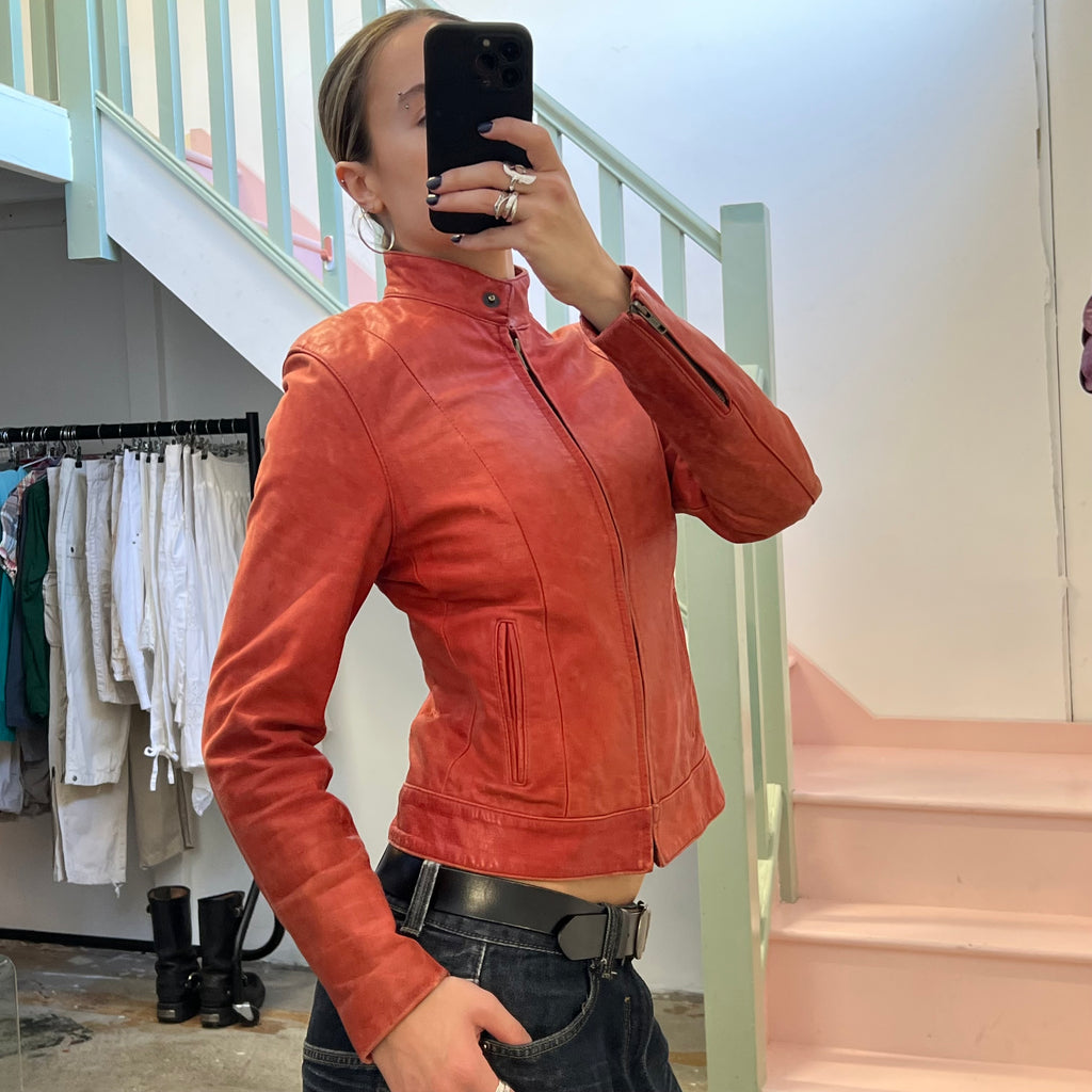Red zip up leather jacket