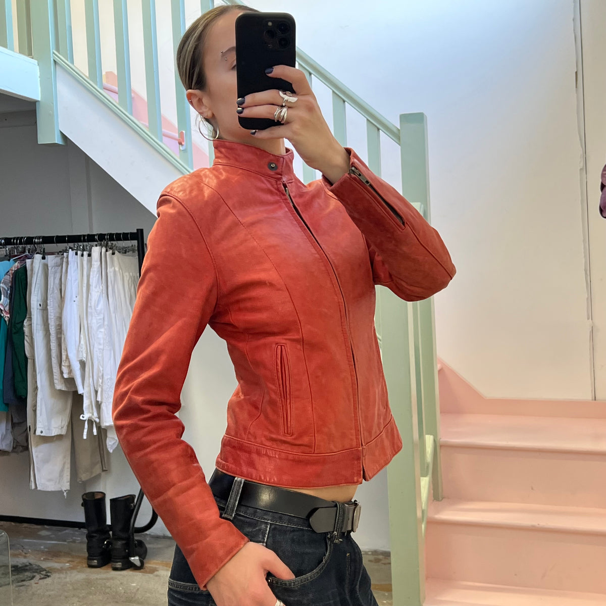 Red zip up leather jacket