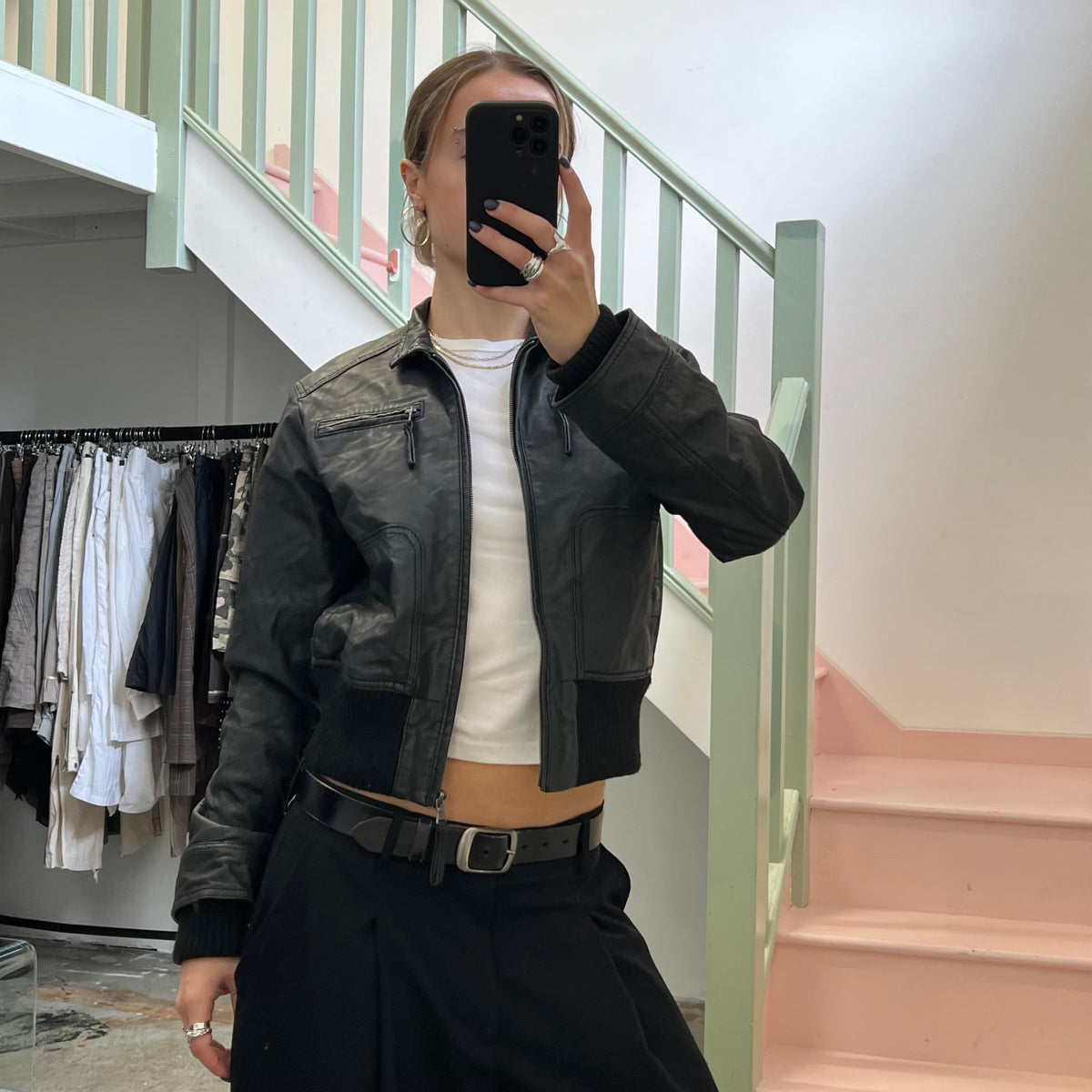 Black leather bomber jacket