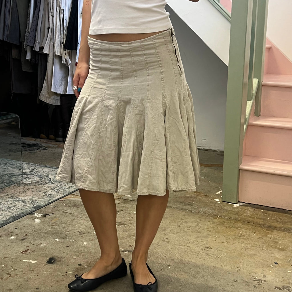 Cream pleated linen midi skirt