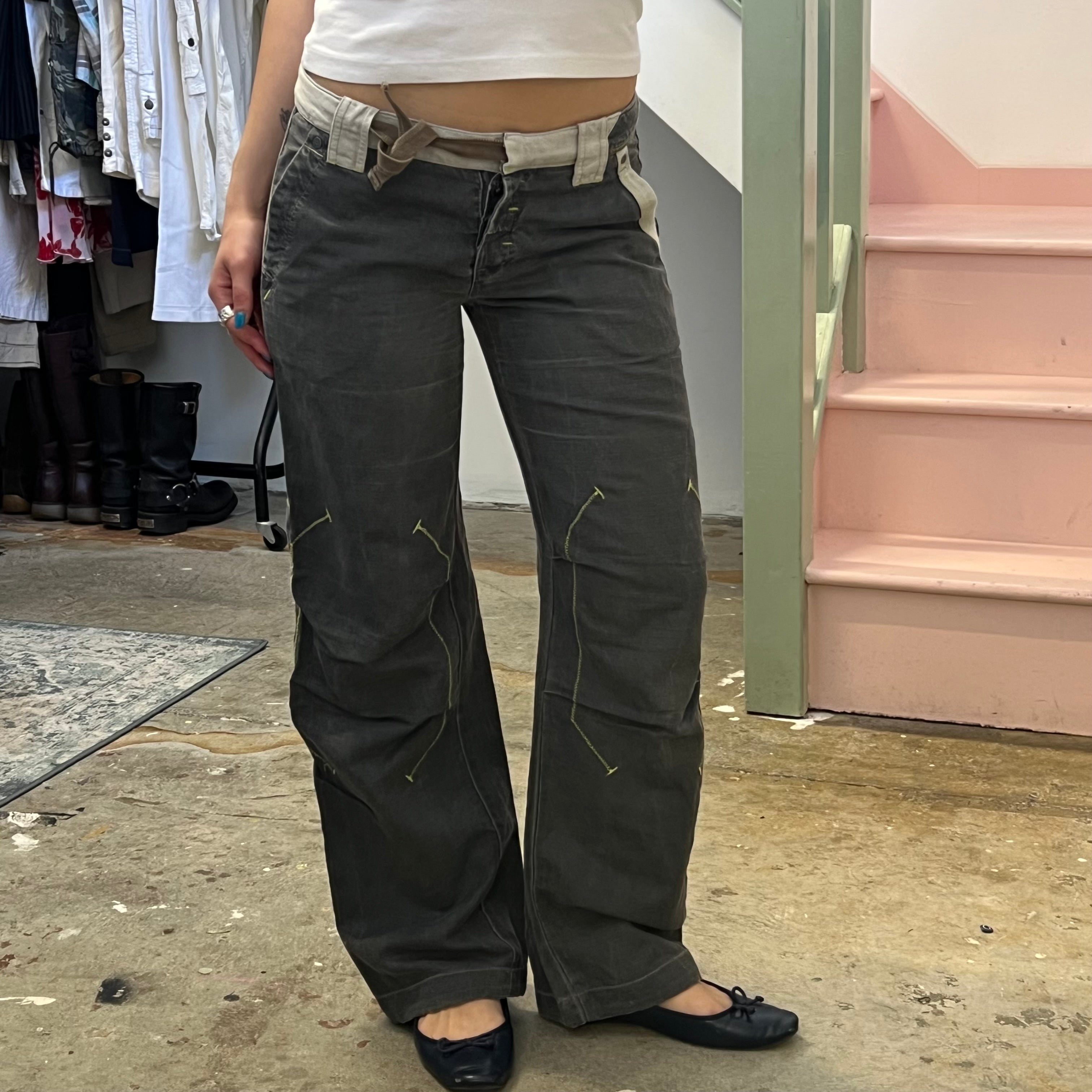 Grey low rise wide leg linen trousers with contrast stitching