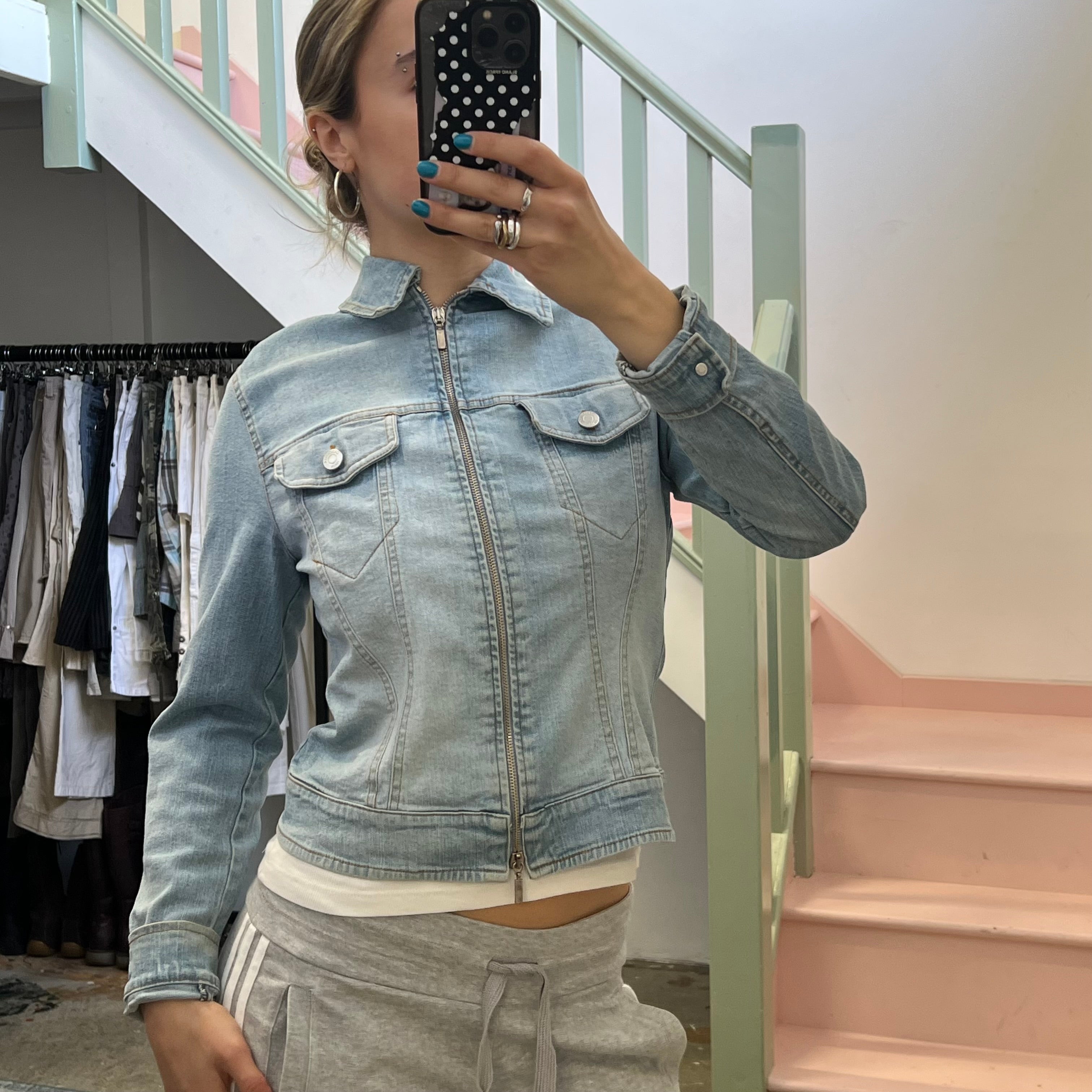 Light blue denim zip up fitted jacket