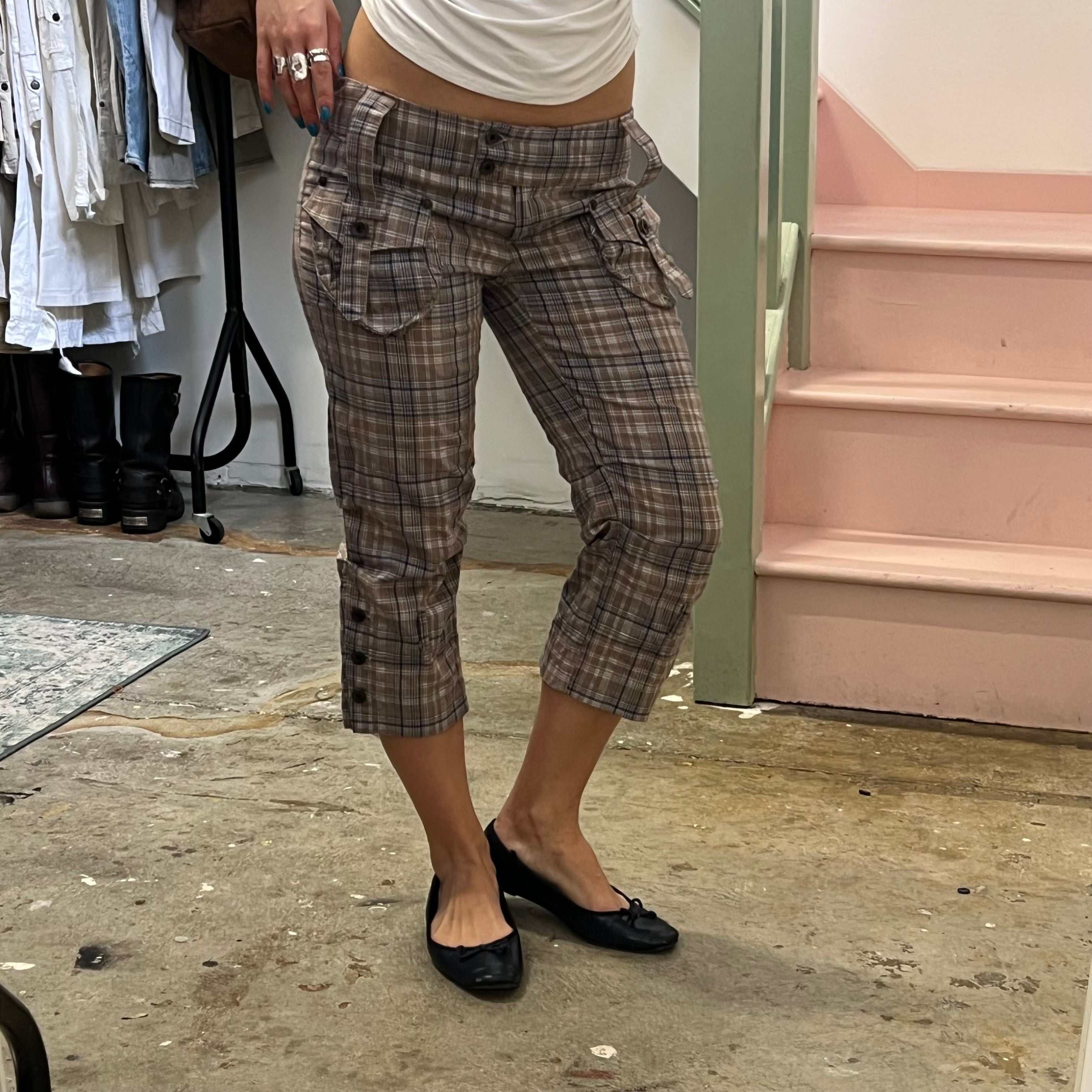 Brown checkered slim fit tailored capris