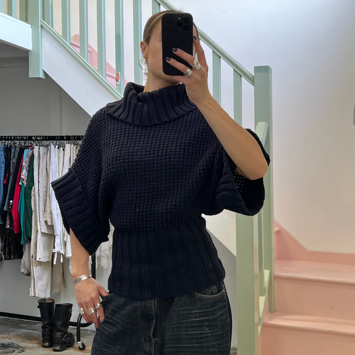 Navy chunky knit batwing roll neck sweater