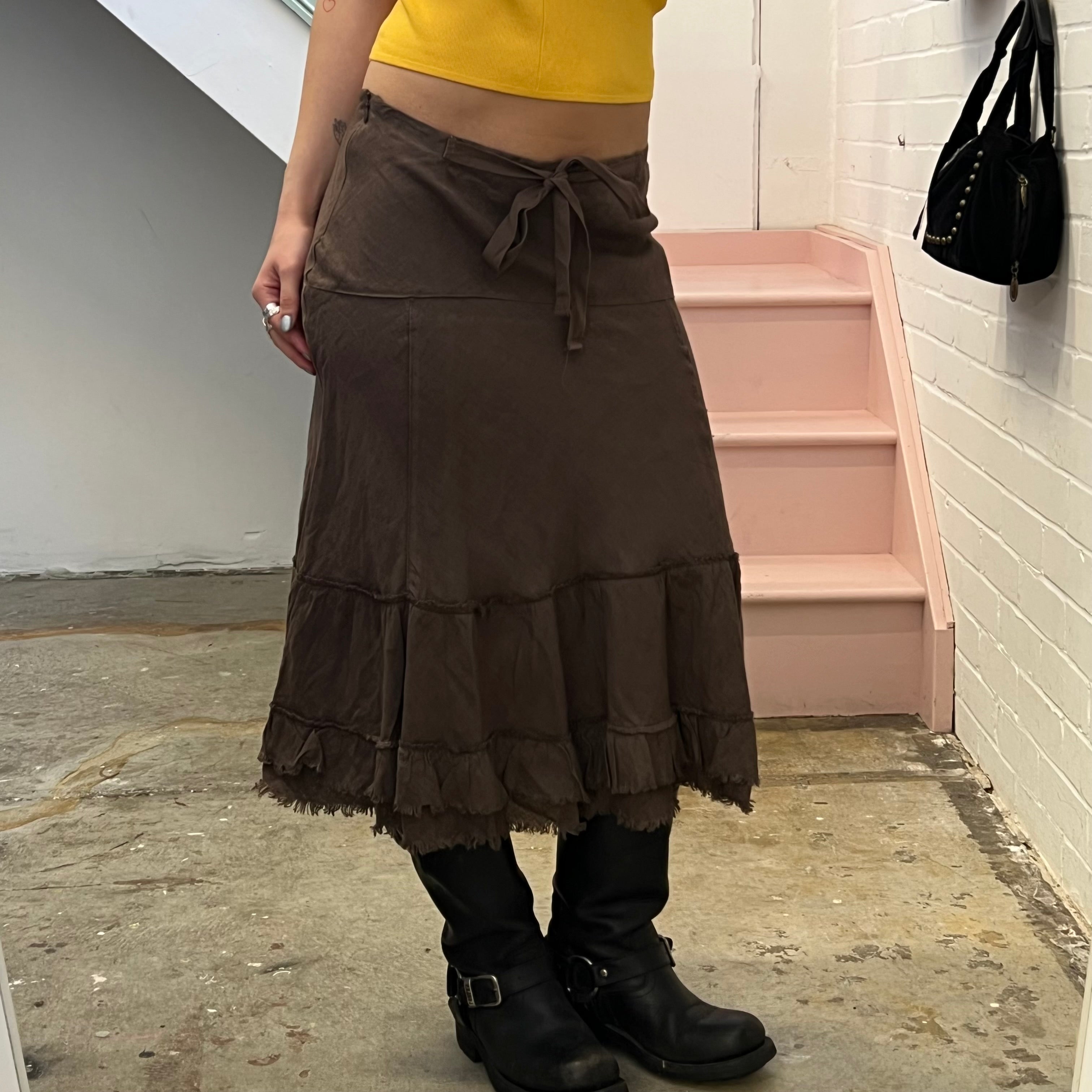 Brown linen ruffle maxi skirt